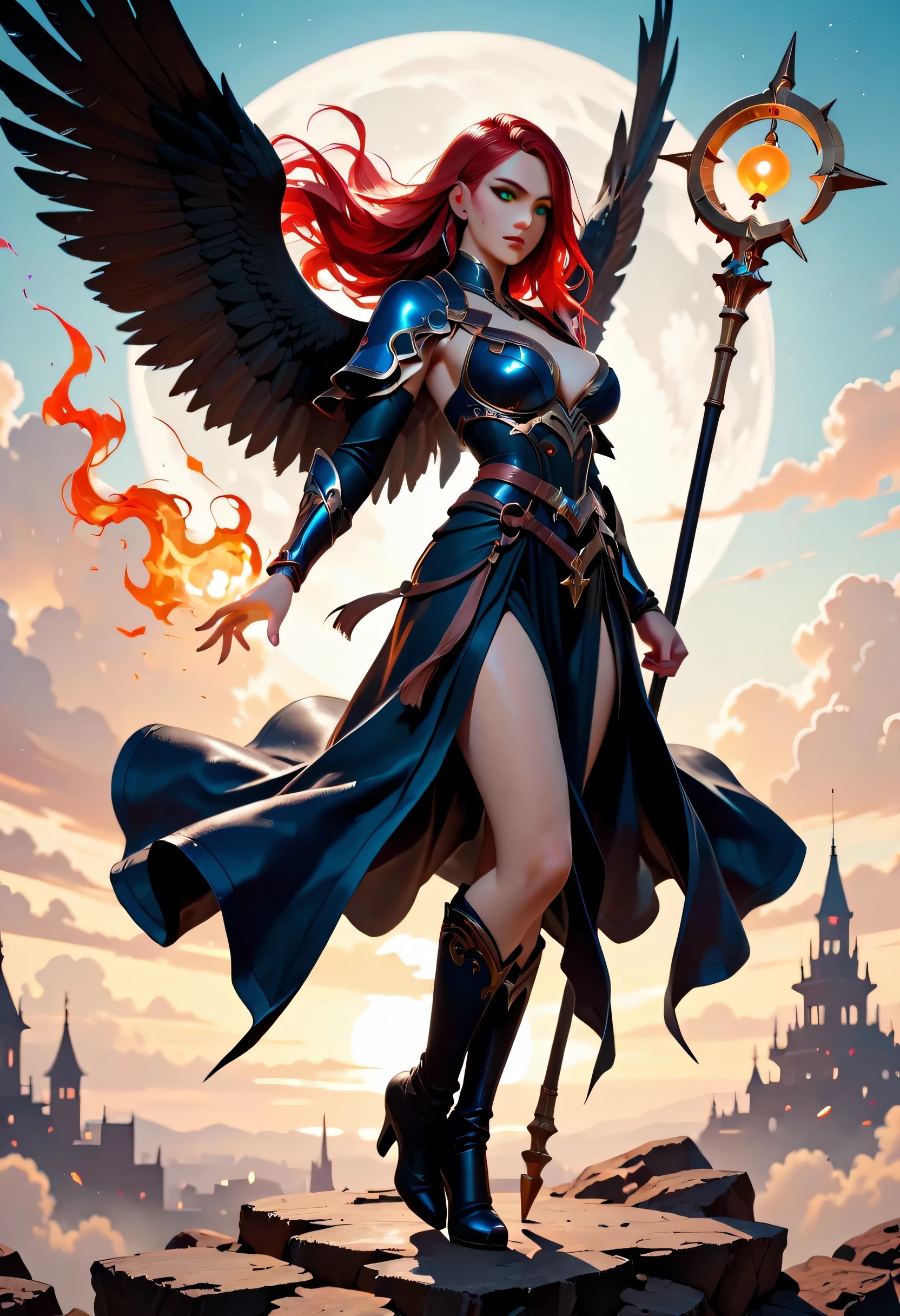dark queen of diablo, female lord, evil goddess, full body shot, Queen's crown of gold, Gorgeous armor in black and gold and red, giant raven wing, extremely detailed, ultra high quality, best quality, highest quality, ultra high resolution, hyper realistic, masterpiece, full color, in the style of dark fantasy, by gothic and myth, orange and red gradient hair, gold red eye,
