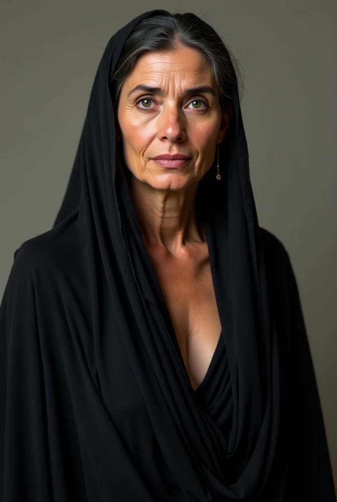 RAW photo,dark,moody,hazy atmosphere,35mm focal lenght,underexposed,cold,candid photograph,artistic,full body,photo of a beautiful,influencer,30yo Moroccan woman,hijab,detailed skin,naked, looking away from viewer, thick body structure,grey background,no background, candid pose,dim room,blue light, film grain, kodak color, instagram LUT