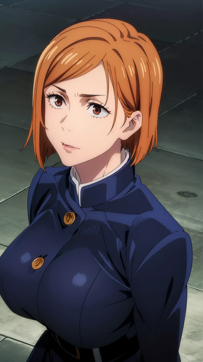 anime, cute girl, long hair in the back with a braid and short hair in the front light brown hair color with a black ushanka on her head light blue eyes sitting on a bench and a uniform, with white skin and 2 moles below both eyes