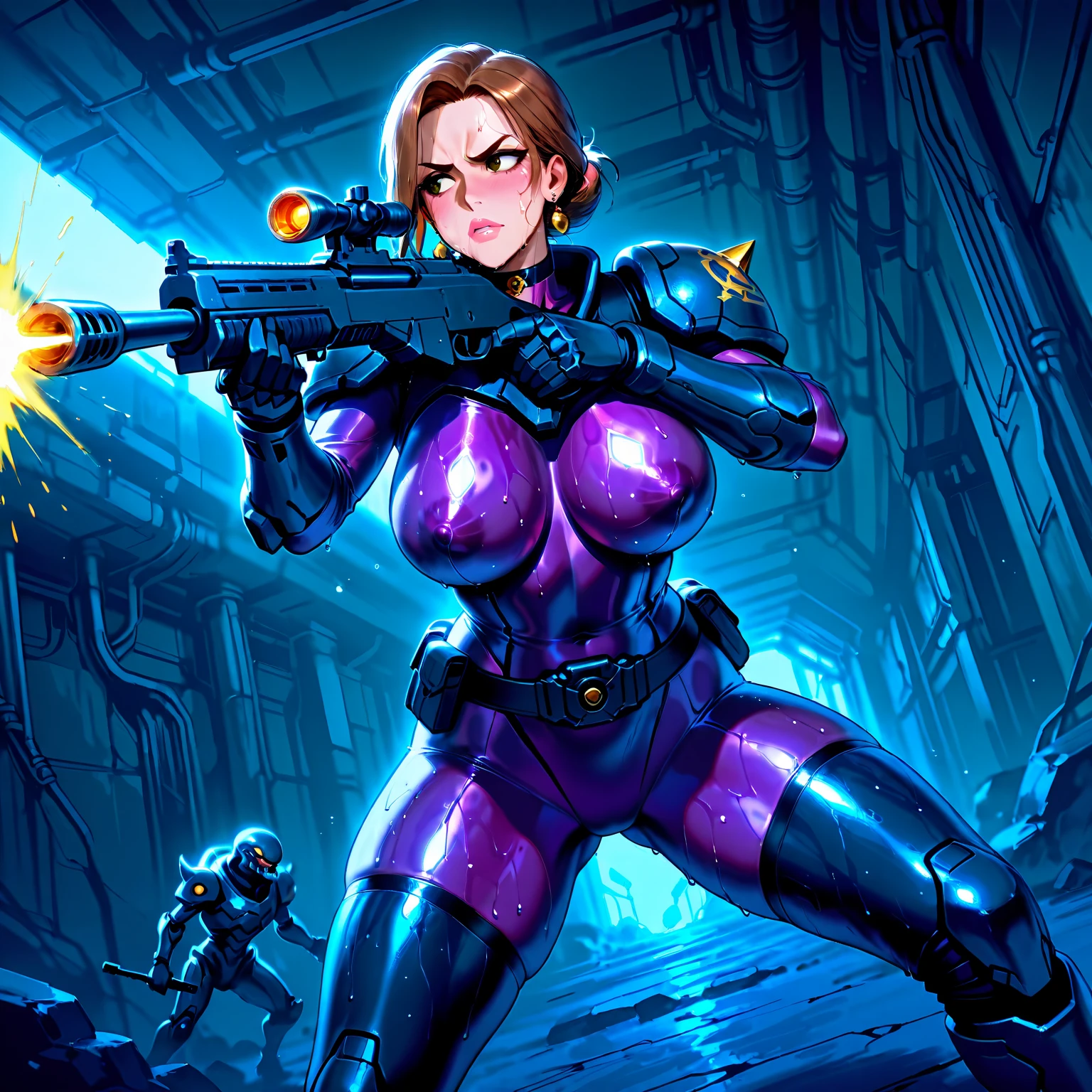 Generate a female warrior in a battle fighting in a futuristic battle suit . Battle suit showing naked tits and part of naked pussy, exhibitionist woman
