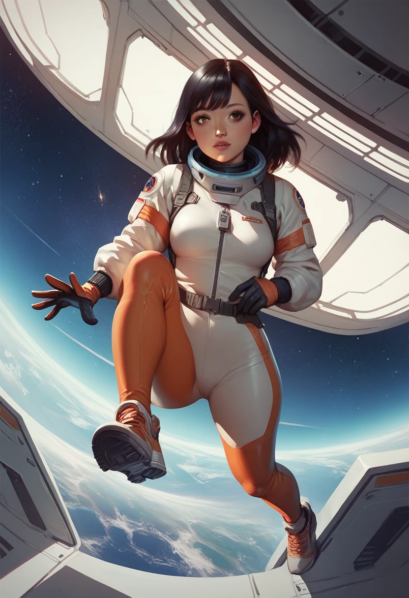 Absurd resolution, high resolution, (masterpiece:1.4), ultra-detailed, 1girl, in spacesuit, seen from above, space, floating, satellite, running pose, wide-angle lens distortion