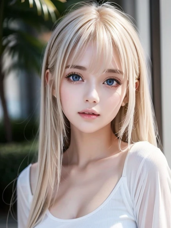 A perfectly beautiful face、Super long messy silky beautiful blonde、Beautiful cute girl 15 years old、Sexy and very beautiful cute face、Beautiful cute sexy bright pale sky blue big eyes、Long beautiful bangs、Very super long beautiful blonde shiny silky hair、Very white skin、Cheek gloss、Glossy skin、eyeliner、A peerless beauty、Hair above the eyes、片Hair above the eyes、Hair between the eyes、