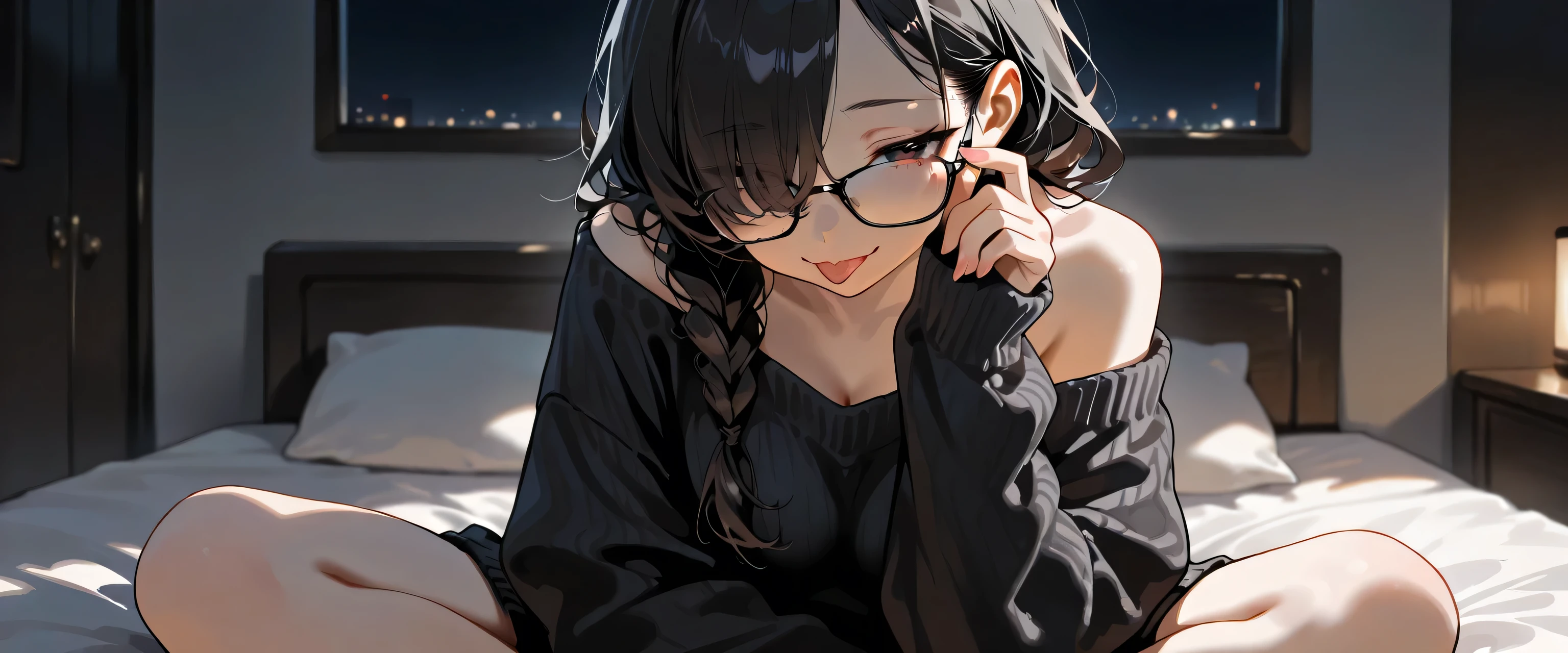 (masterpiece, best quality, ultra-detailed, high resolution, detailed, super detailed skin, beautiful detailed eyes), milf, adult, meek, mild, solo, sad smile:0.1, smug face, half closed eyes, off-shoulder:0.7, sweater, sleeves past wrists, slender body, black hair, hair over one eye, forehead, single braid, troubled eyebrows, sitting, indian style, bed room, night, (head out of frame), leaning head:1.4, (looking over glasses, adjusting glasses), tongue out:1.6, (createconcept, addmicrodetails), mouth focus