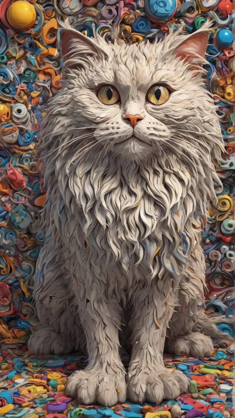 In individual Comic-Style: All in extreme 3D, in full body, all in extreme spirals, all in extreme fractals. The original Persian cat with beautiful big eyes and a beautiful comic face, in complete full body. Expressionist abstract masterpiece by Dali depicting a jumble of Persian cat bodies in a new and completely original way, perfect composition, highly detailed, overloaded, very emotional yet funny, textured, layered, 8k, eyes, paws. Action painting, dramatic yet confident, in Picasso's and Leonardo da Vinci's art in a mix, all in 3D, all in hyper-rendering, all in 1× zoom out in 3D in 3K, masterpiece, ray tracing, illustration, Ghibli-style colors, pixel richness, pop art, Unreal Engine,