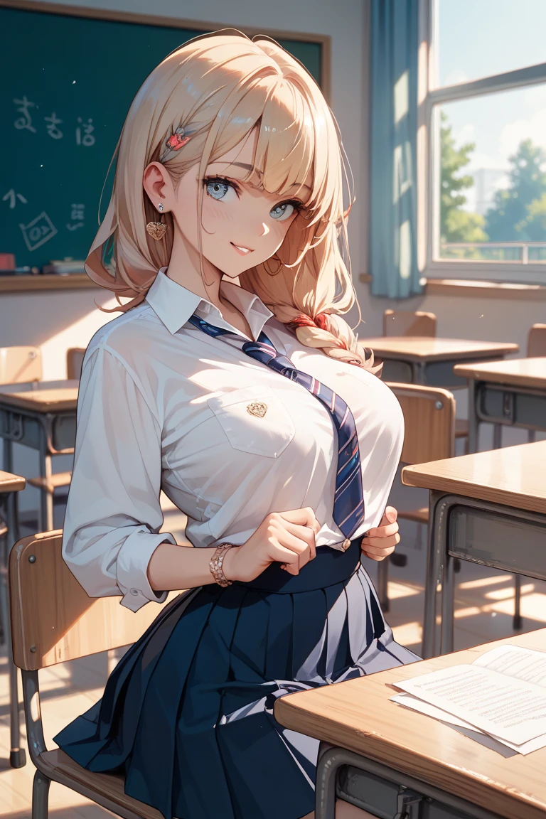 (quality、8K、32K、tmasterpiece、north african free trade area、超高分辨率、Impresionismo、真实感:1.2), detailed faces and eyes、 Inside the classroom、schools、twilight beautiful face、Beautiful girl of 16 years old、Skin gloweautiful blonde hair、long whitr hair、Dull eyes、(Katyusha:1.2)、Pleated miniskirt、curves、(I can see cleavage:1.2)、mouth open smile、upper legs、校服、pony tails