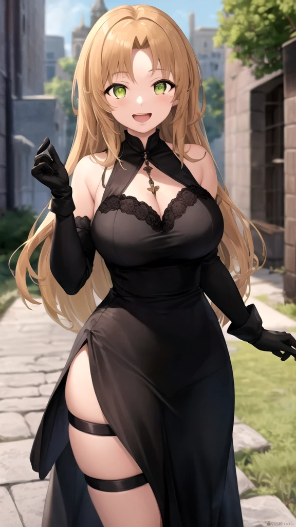slender, mature female,breasts, 1girl, long_hair, blonde_hair, blush, solo, blue_eyes, open_mouth, covered_navel, earrings, smile,bare_shoulders,high_heels, dress, bangs, jewelry, looking_at_viewer, thighs, large_breasts, outdoors, eyebrows_visible_through_hair, braid, very_long_hair,:d, sidelocks, black_footwear, detached_collar, gloves, medium_breasts, black_dress