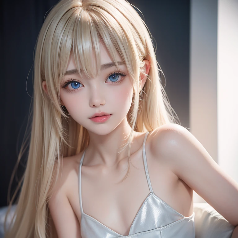 Light smile、natta、Raw photography、(((Portrait of extreme beauty)))、((glistning skin))、1人、16 year old beautiful girl in Prague、bright expression、((platinum-blonde-hair))、[Big blue eyes that shine like jewels]、Glossy glossy skin、Silky long straight hair、eye liner、Beautiful bangs、Hair between the eyes、((​masterpiece、top-quality、ultra-detailliert、Film Light、intricate-detail、hight resolution、ighly detailed))、细致背景、8KUHD、Digital SLR、Soft light、hightquality、Film grain、FujifilmXT3 、Shallow depth of field、natural soft light、（No hands）、Kamimei、Lush bust