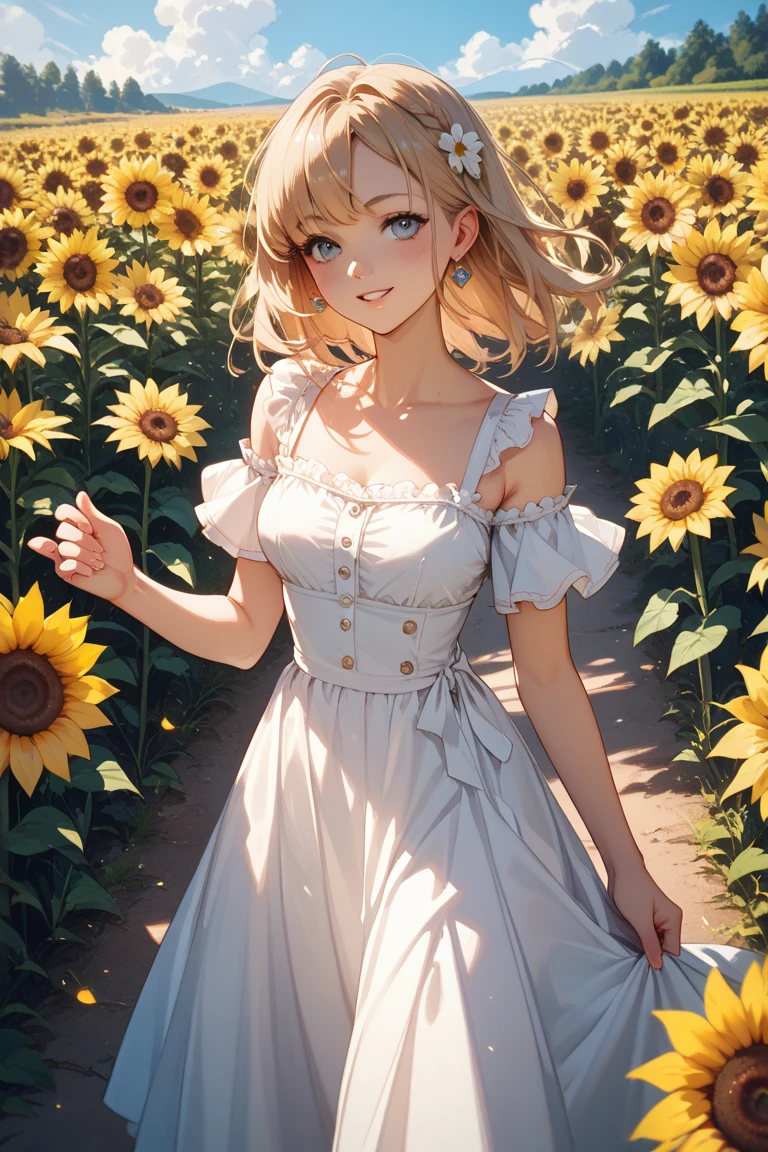 Girl, sunflower field, white dress,