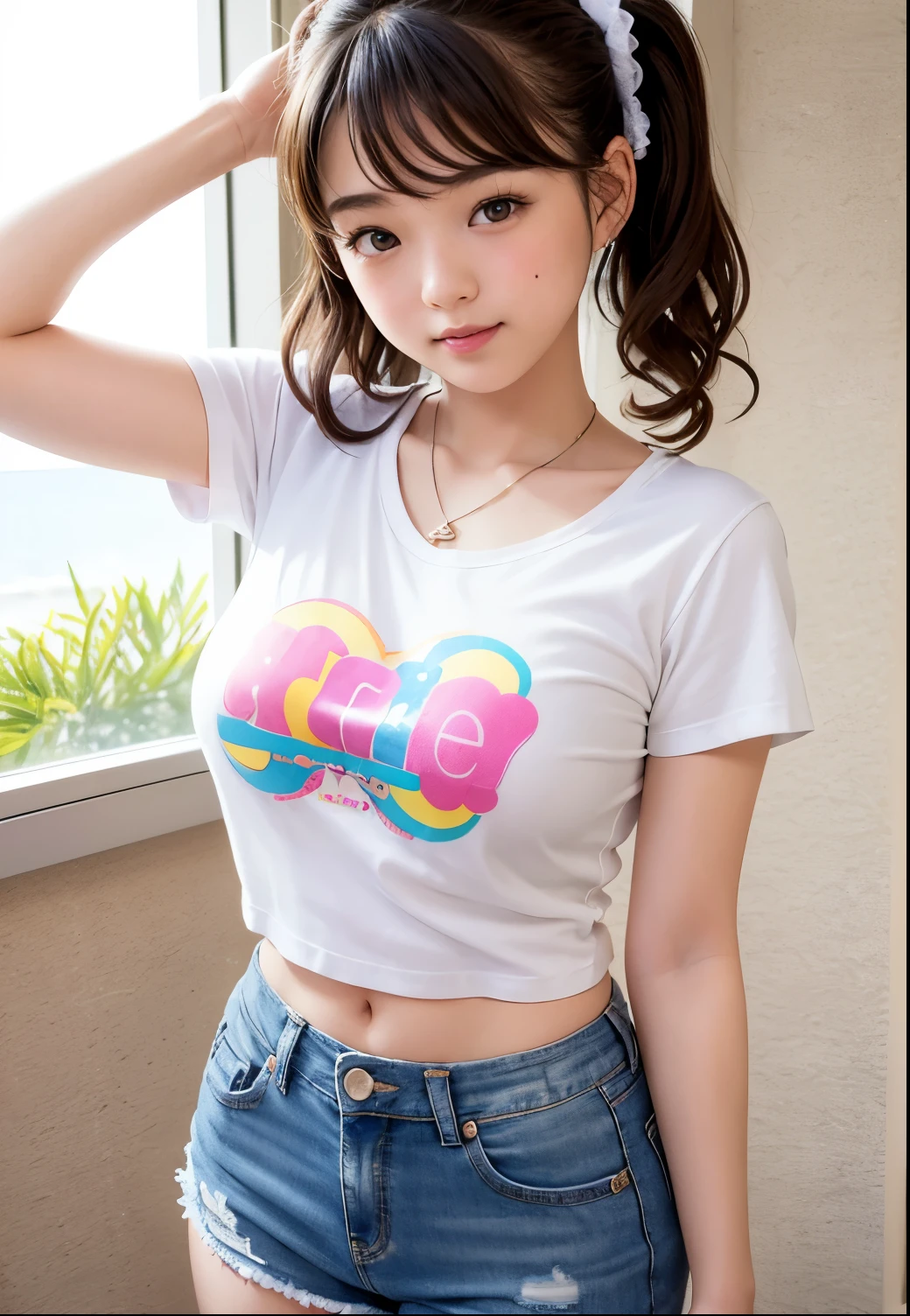 Colorful Cheergirl Costume、Sexy Big 、A cute 15-year-old girl with a sexy and cute look, beautiful and sexy face、A strong wind blows my hair in front of my face、With straight blonde hair、beautiful, Cute and sexy eyes hidden behind long bangs、Cute Cheergirl
