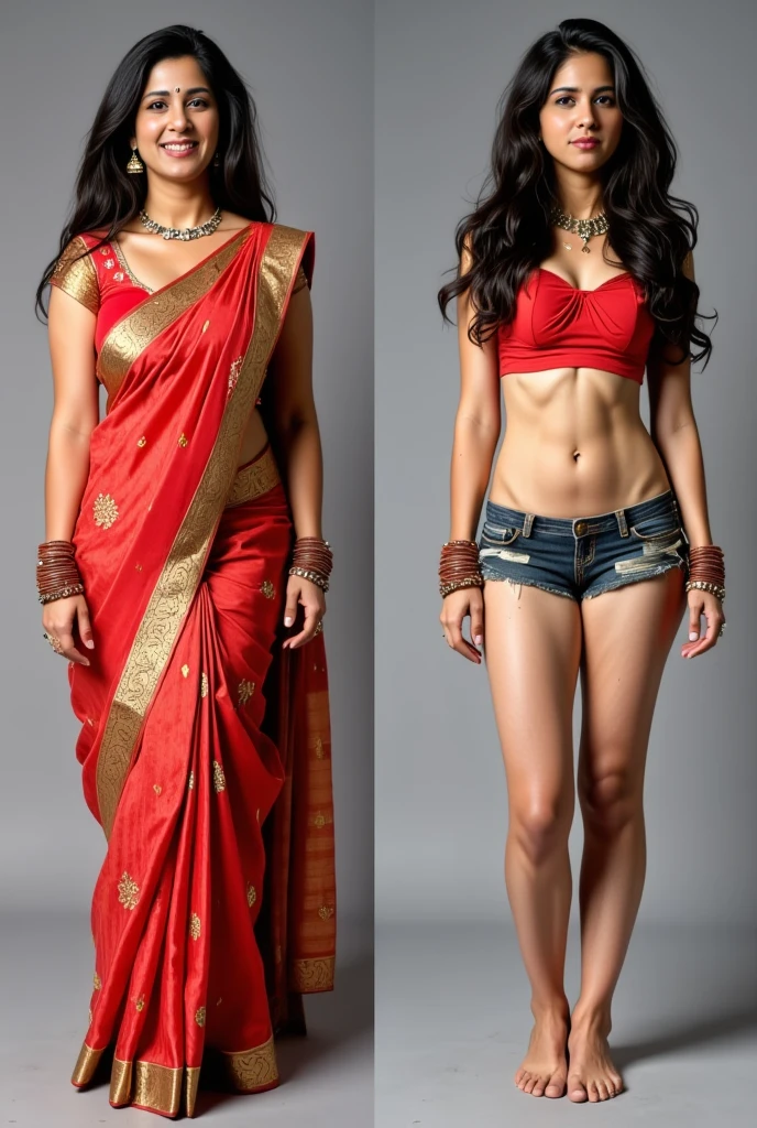 Split view of two full body pics of same Indian woman, one happily wearing an elegant saree, and other in she is unwillingly wearing  a tiny crop top and very short tiny skirt exposing her bare legs and bare legs, clearly showing sense of discomfort wearing the modern attire, Scared, unhappy, sad in skirt