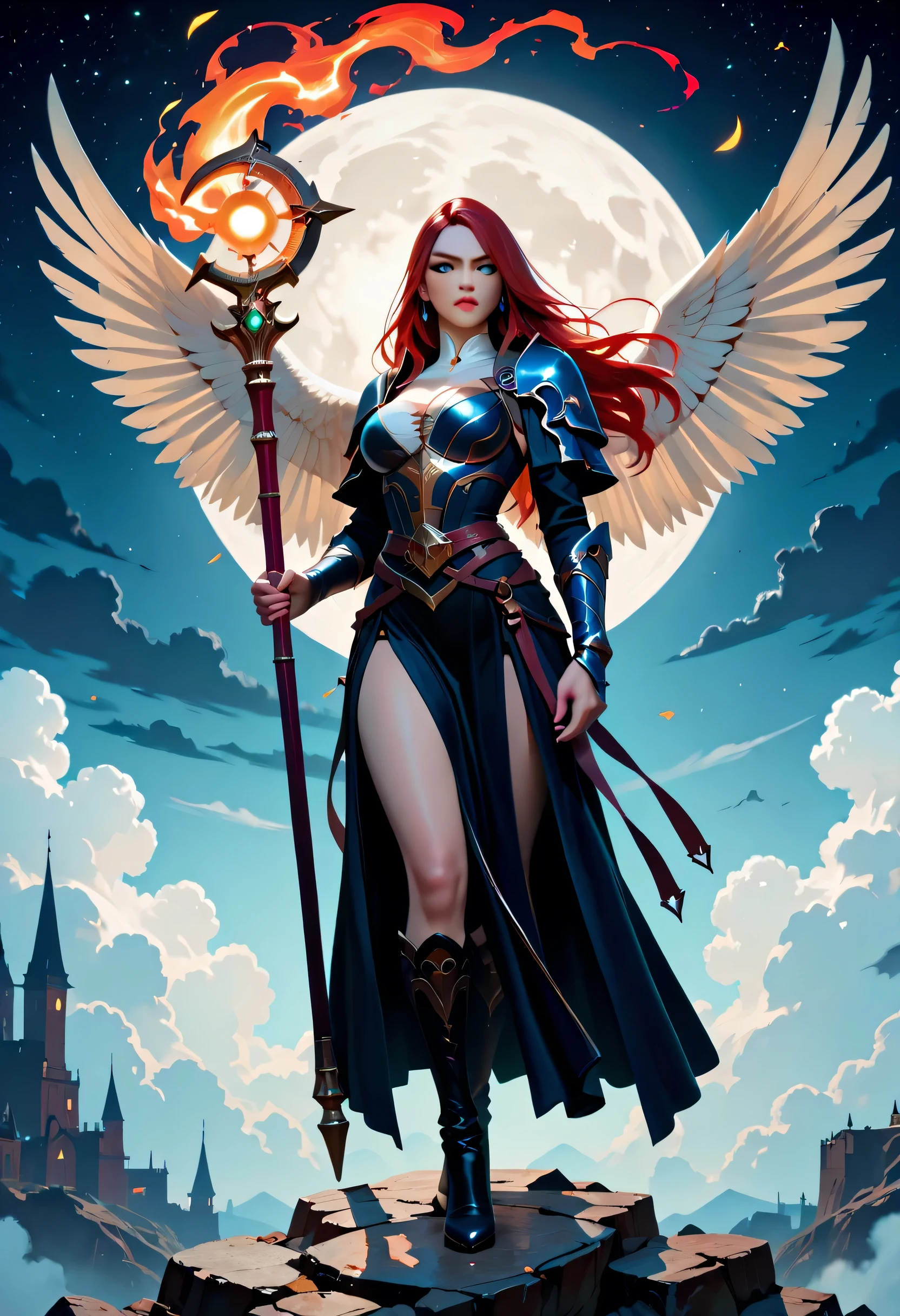 female, sorceress, casting flaming spell, full body, aasimar, female, white large feathered wings, red hair, green eyes, determined face, divine light, intense eyes, ultra feminine, ultra detailed face, (Masterpieceת intense details:1.5), wearing azure armor, high heeled boots, armed with staff, moon, stars, clouds, fantasy magical heaven background, cinematic lighting, soft light, silhouette, photorealism, 16k, highres, best quality, 2.5D rendering, fantasy