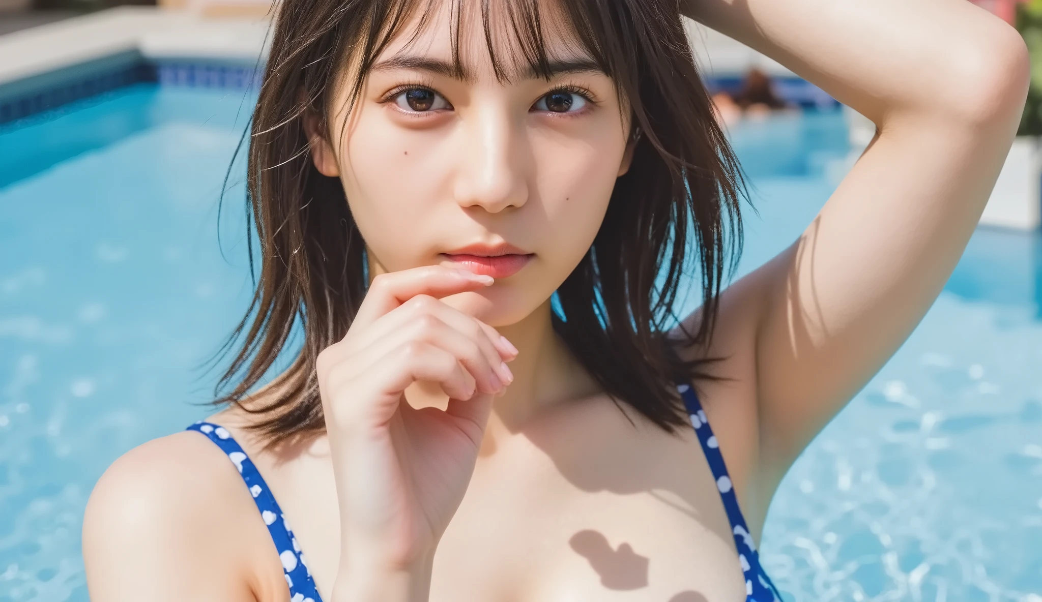 ((コバルト水玉bikiniを着た美しい女の子、Shiina Mahiru、18age、 brown eyes( high resolution eyes 、Beautiful Eyes、 shining eyes)、Ultra-accurate、High Quality、最High Quality、 anime-like、2D、(dark brown hair:1.3)、fine skin、red cheeks、Red Oriole、naughty fantasies、beautiful breasts)、Like the whole body、(青いbikiniを着ています:1.5)、(bikini:1.3)、I'm shy、embarrassing、slender、cowboy shot hidden under armpit, Pose、smile、( and take off your shirt :1.3)、
(1 girl), wavy hair、Clothes lift、((bikini:1.9))
(big breasts:1.Screen from the front、wavy hair、 Defying plain 、(front tilt:1.3)(is wearing a hoodie)、smile