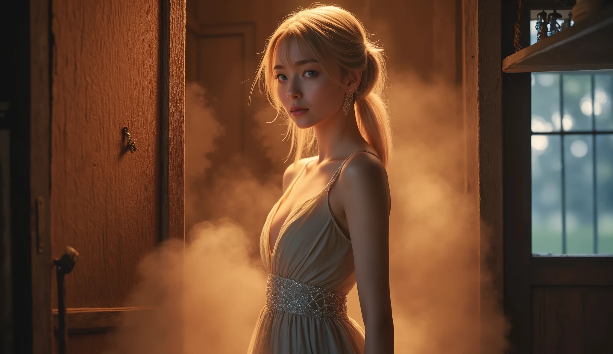 fantasy, secret, warm foggy atmosphere , beautiful woman in silya room, Slim Woman , Skinny Body , , full body height, 38 years old, blond hair, ponytail , Tight Mini Dress , Waistband dress, bare chest, In a wooden hut , hanging on a wooden wall, detailed clothes, , Modeling Expression , Beautiful Blue Eyes,