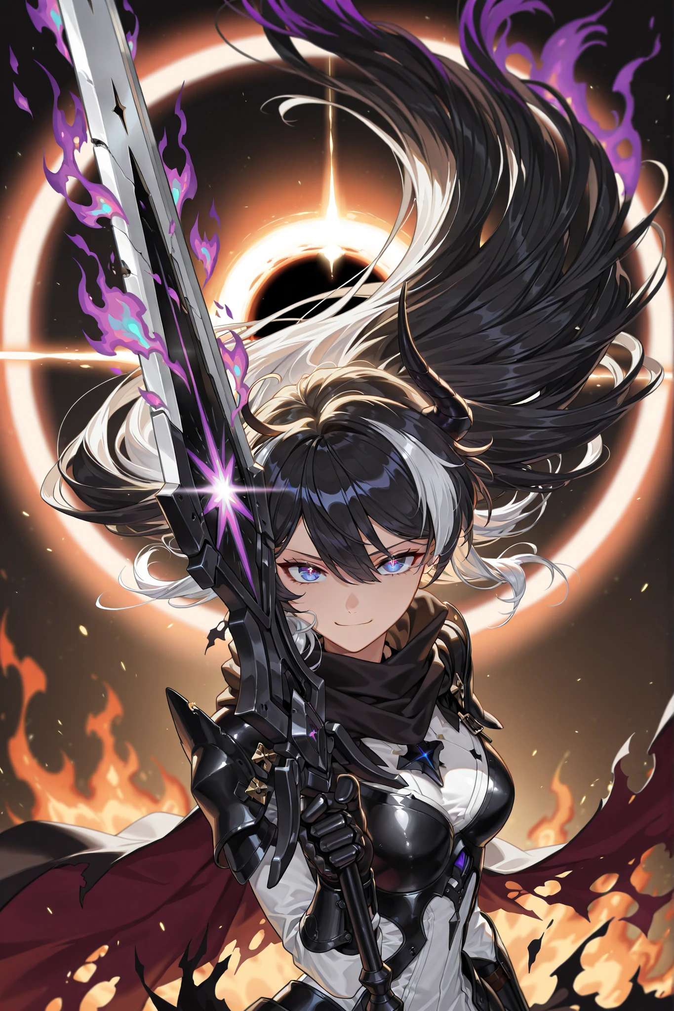 dynamic pose, rotating pose, cinematic shot, masterpiece, best quality, amazing quality, very aesthetic, high resolution, ultra-detailed, absurdres, (hands:-0.22)
1girl, woman, solo, alone,(looking at viewer, upper body focus, face shot:1.19), two handed sword, (KianaHi3, Fol005, Kia_Hof:0.22), smirk, expressionless, white hair, very long hair,(multicolored hair, black hair:1.43), two tone hair, , blue eyes, purple eyes, nova eyes, kiana kaslana,alter dress, armored skirt, alternate white dress, chestplate, white chestplate, cape, armoured dress, bandoleer, scarf bandana, purple flames, purple aura, greatsword, cracked armor, demon armor, torn dress, burning dress, cosmic sword, black hole star, novuschroma79 style, glitch art photo
BREAK, depth of field, volumetric lighting