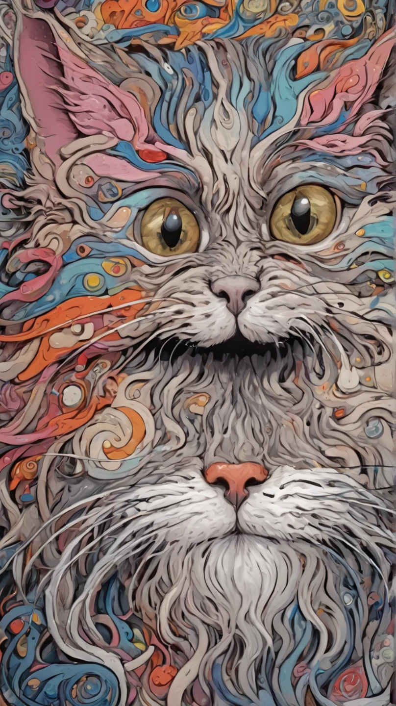 In individual Comic-Style: All in extreme 3D, in full body, all in extreme spirals, all in extreme fractals. The original Hippie Persian cat with beautiful big eyes and a beautiful comic face, in complete full body. Expressionist abstract masterpiece by Dali depicting a jumble of Persian cat bodies in a new and completely original way, perfect composition, highly detailed, overloaded, very emotional yet funny, textured, layered, 8k, eyes, paws. Action painting, dramatic yet confident, in Picasso's and Leonardo da Vinci's art in a mix, all in 3D, all in hyper-rendering, all in 1× zoom out in 3D in 3K, masterpiece, ray tracing, illustration, Ghibli-style colors, pixel richness, pop art, Unreal Engine,