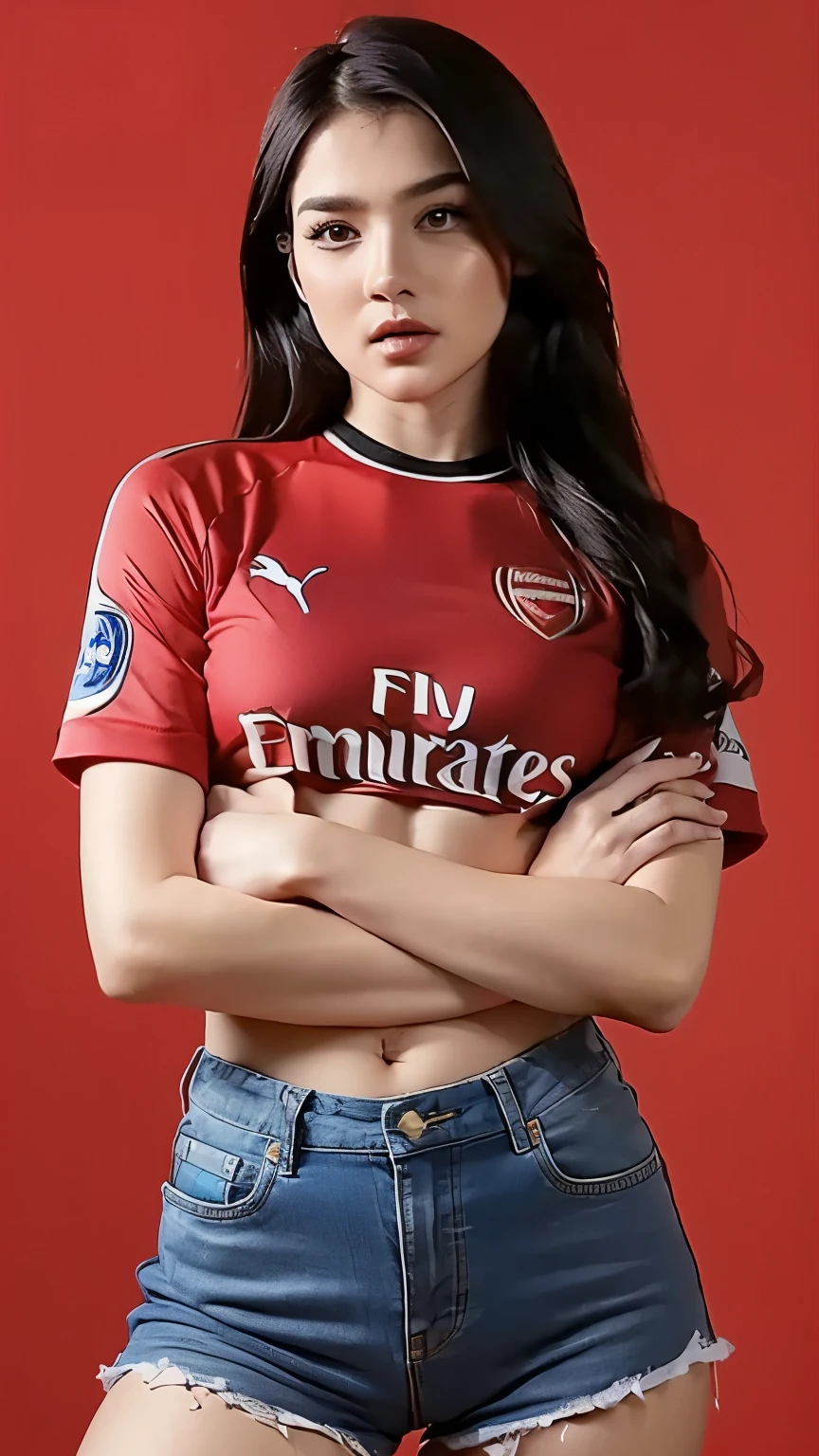 Girl, wearing Arsenal jersey, arsenal jersey 2025, standing tall, sexy body, red smoky background, f cup breasts, (masterpiece, high quality:1.5), (8K, HDR), masterpiece, best quality, 1girl, solo