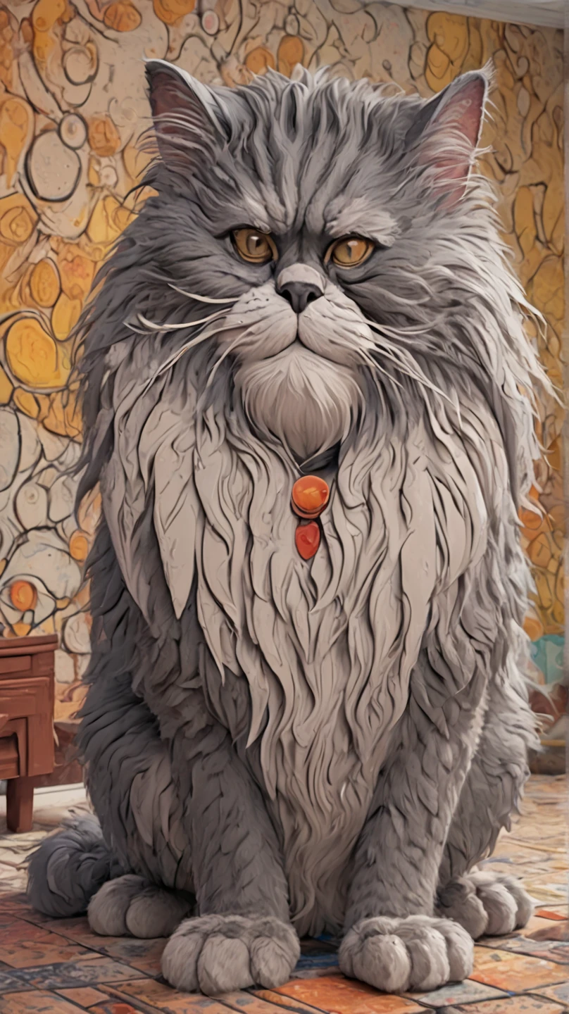 In individual Comic-Style: All in extreme 3D, in full body, all in extreme spirals, all in extreme fractals. The original Hippie Persian cat with beautiful big eyes and a beautiful comic face, in complete full body. Expressionist abstract masterpiece by Dali depicting a jumble of Persian cat bodies in a new and completely original way, perfect composition, highly detailed, overloaded, very emotional yet funny, textured, layered, 8k, eyes, paws. Action painting, dramatic yet confident, in Picasso's and Leonardo da Vinci's art in a mix, all in 3D, all in hyper-rendering, all in 1× zoom out in 3D in 3K, masterpiece, ray tracing, illustration, Ghibli-style colors, pixel richness, pop art, Unreal Engine,