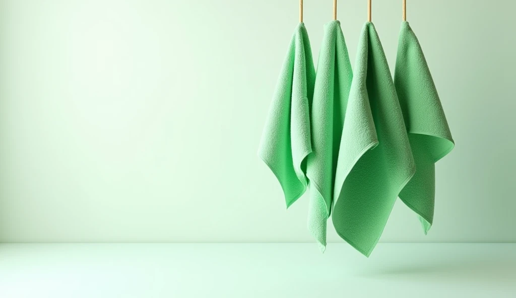 Green microfiber cloths hanging, isolated on white