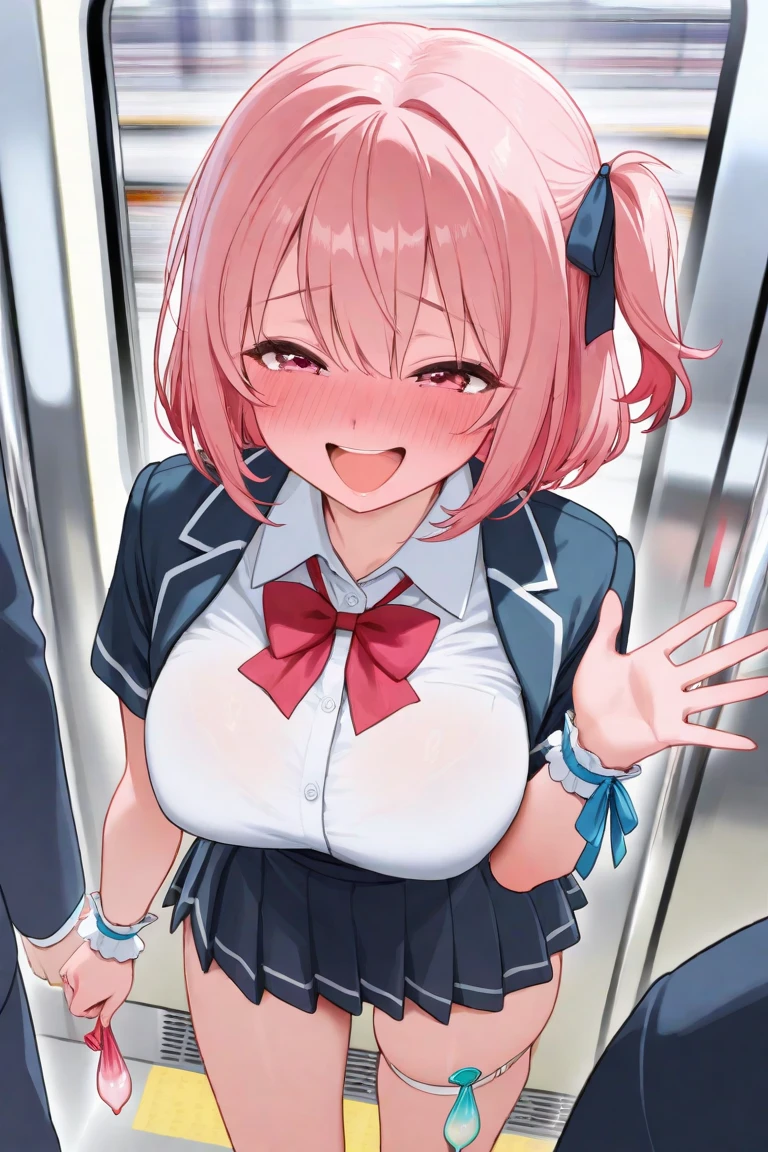 nsfw, ( milf Idol Girl,), 18 year old, in train background:1.4, embarrassed, (surprised eyes:1.3 ),( tears), (school uniform:1.2)( the man grabbing girl's breasts:1.5 ),(floating hands:1.2 ),( nipplesout:1.4), (The man is out of frame:1.6),face focus, blazer, slide underwear, bub cut