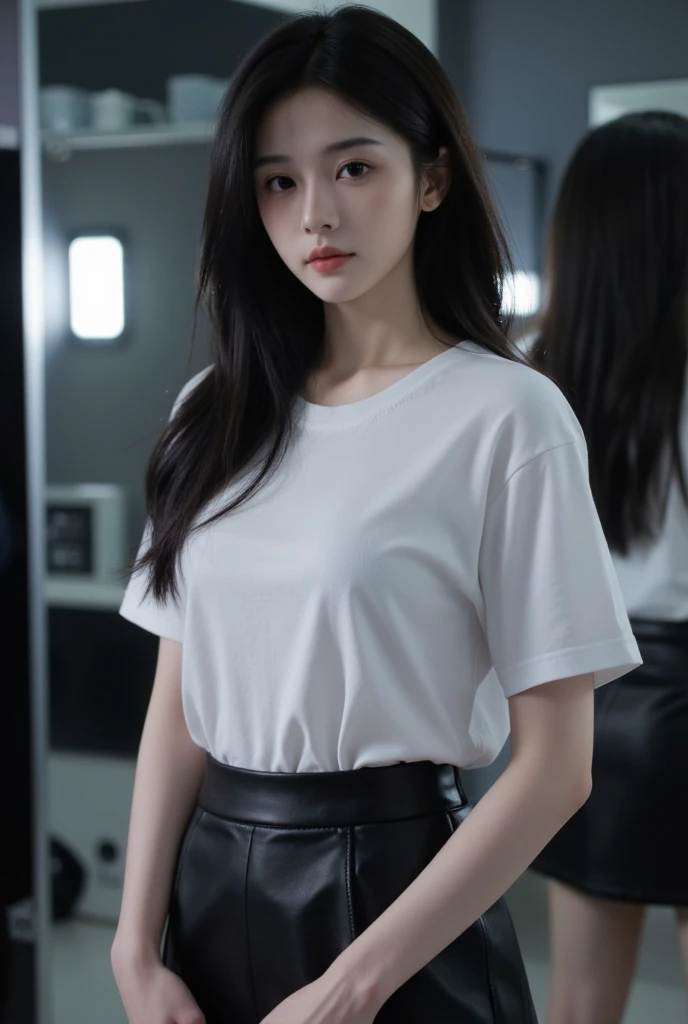 absurdres, RAW photo, extremely delicate and beautiful, masterpiece, Best Quality, ultra high resolution, 32k, hyperrealistic, ultra-detailed, in her 20s, delicate facial features, tearful mole, earring, medium breasts, full body shot, shorter middle hair, black hair, tennis uniform, shirt, shorts,