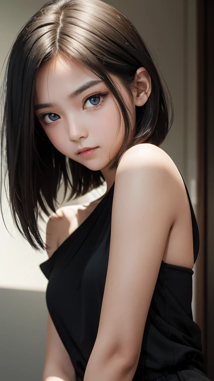 a girl who has short, beautiful shoulder-length hair and eyes that have the impression of a sharp gaze and has a cheeky and indifferent facial gesture