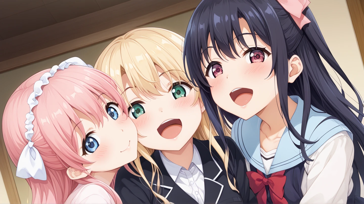 (masterpiece, best quality, ultra-detailed, high resolution, detailed eyes), takeda hiromitsu style, {{{3mature females}}}, multiple females, school girl uniform, big eyes, curvy body, looking at viewer, pov, breath, (blushing:1.2), (open mouth:1.3), (tongue out:1.3), (drool:1.3), in heat