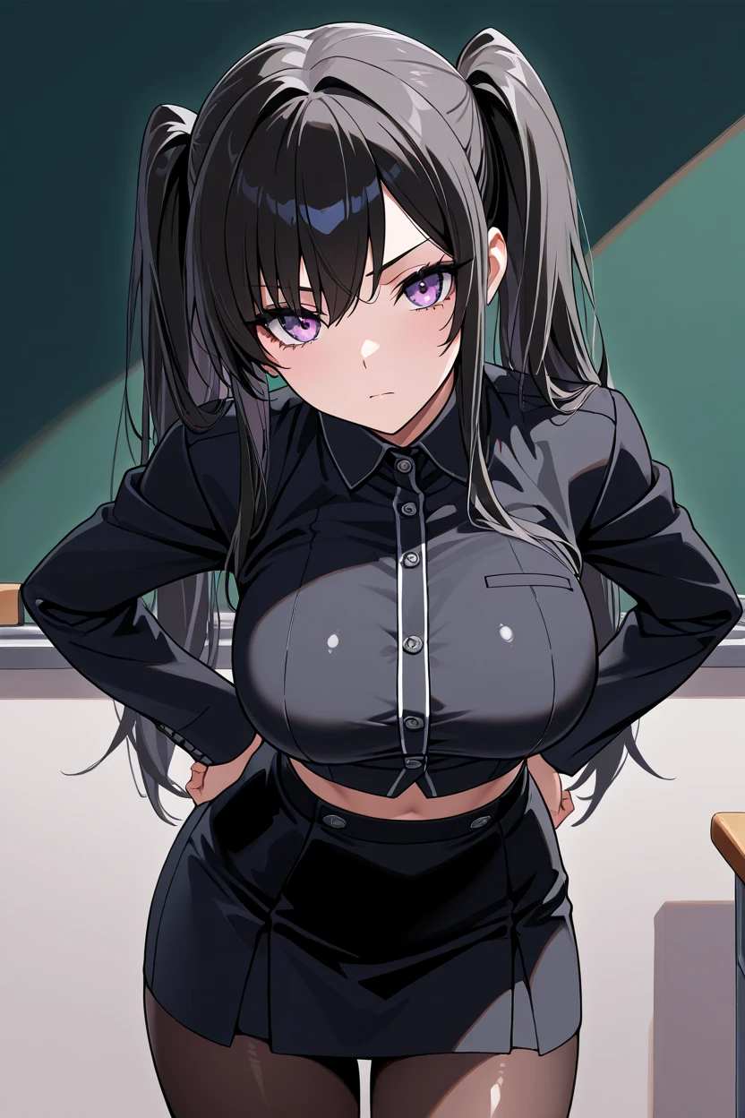 1girl in, black hair, length hair, pink eyes, a girl, cool, wearing school uniform, ((big breasts)), tattoos, in an abandoned factory, look at me, (night), dark, mafia.