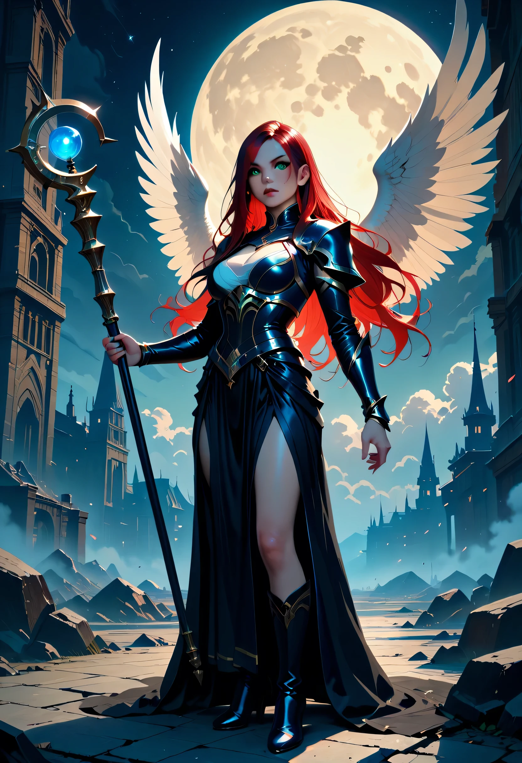 female, sorceress, casting flaming spell, full body, aasimar, female, white large feathered wings, red hair, green eyes, determined face, divine light, intense eyes, ultra feminine, ultra detailed face, (Masterpieceת intense details:1.5), wearing azure armor, high heeled boots, armed with staff, moon, stars, clouds, fantasy magical heaven background, cinematic lighting, soft light, silhouette, photorealism, 16k, highres, best quality, 2.5D rendering, fantasy