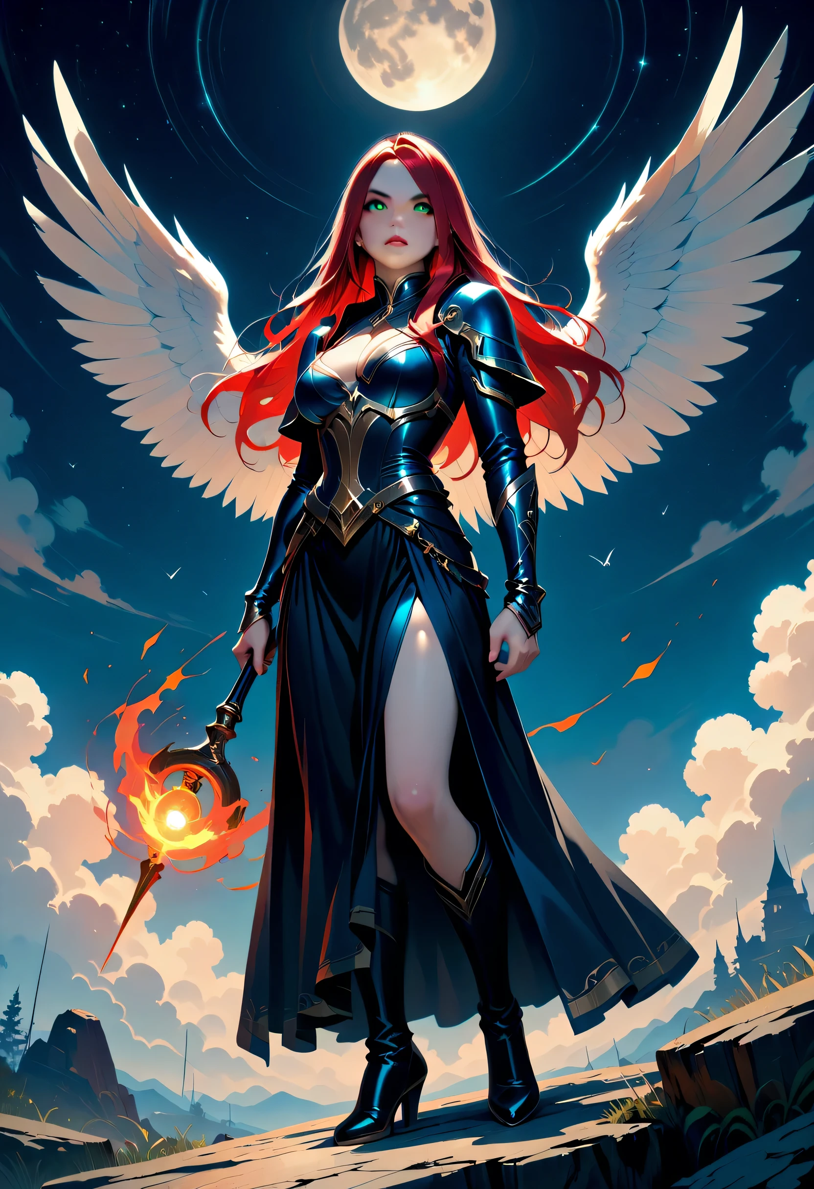 female, sorceress, casting flaming spell, full body, aasimar, female, white large feathered wings, red hair, green eyes, determined face, divine light, intense eyes, ultra feminine, ultra detailed face, (Masterpieceת intense details:1.5), wearing azure armor, high heeled boots, armed with staff, moon, stars, clouds, fantasy magical heaven background, cinematic lighting, soft light, silhouette, photorealism, 16k, highres, best quality, 2.5D rendering, fantasy