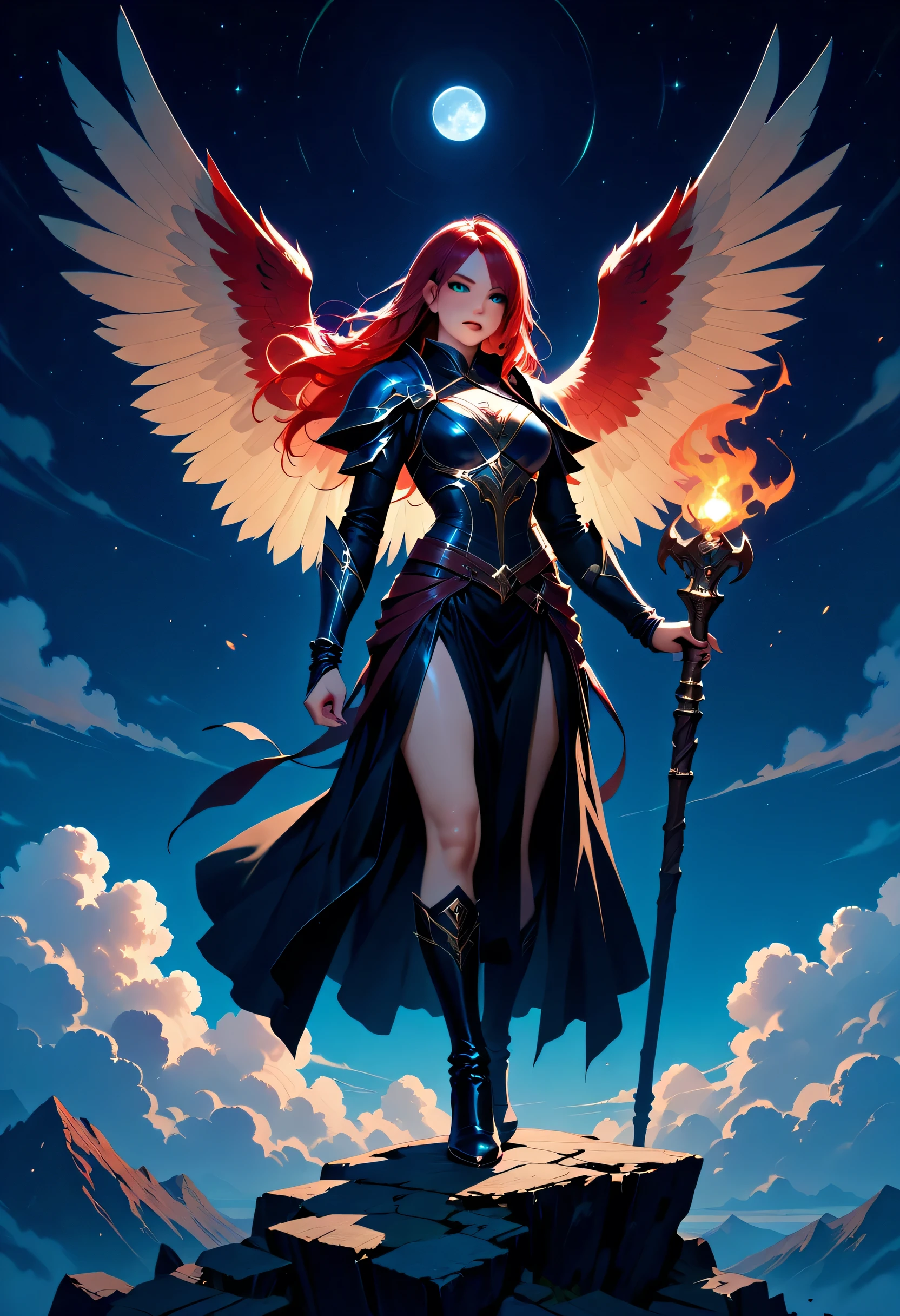 female, sorceress, casting flaming spell, full body, aasimar, female, white large feathered wings, red hair, green eyes, determined face, divine light, intense eyes, ultra feminine, ultra detailed face, (Masterpieceת intense details:1.5), wearing azure armor, high heeled boots, armed with staff, moon, stars, clouds, fantasy magical heaven background, cinematic lighting, soft light, silhouette, photorealism, 16k, highres, best quality, 2.5D rendering, fantasy