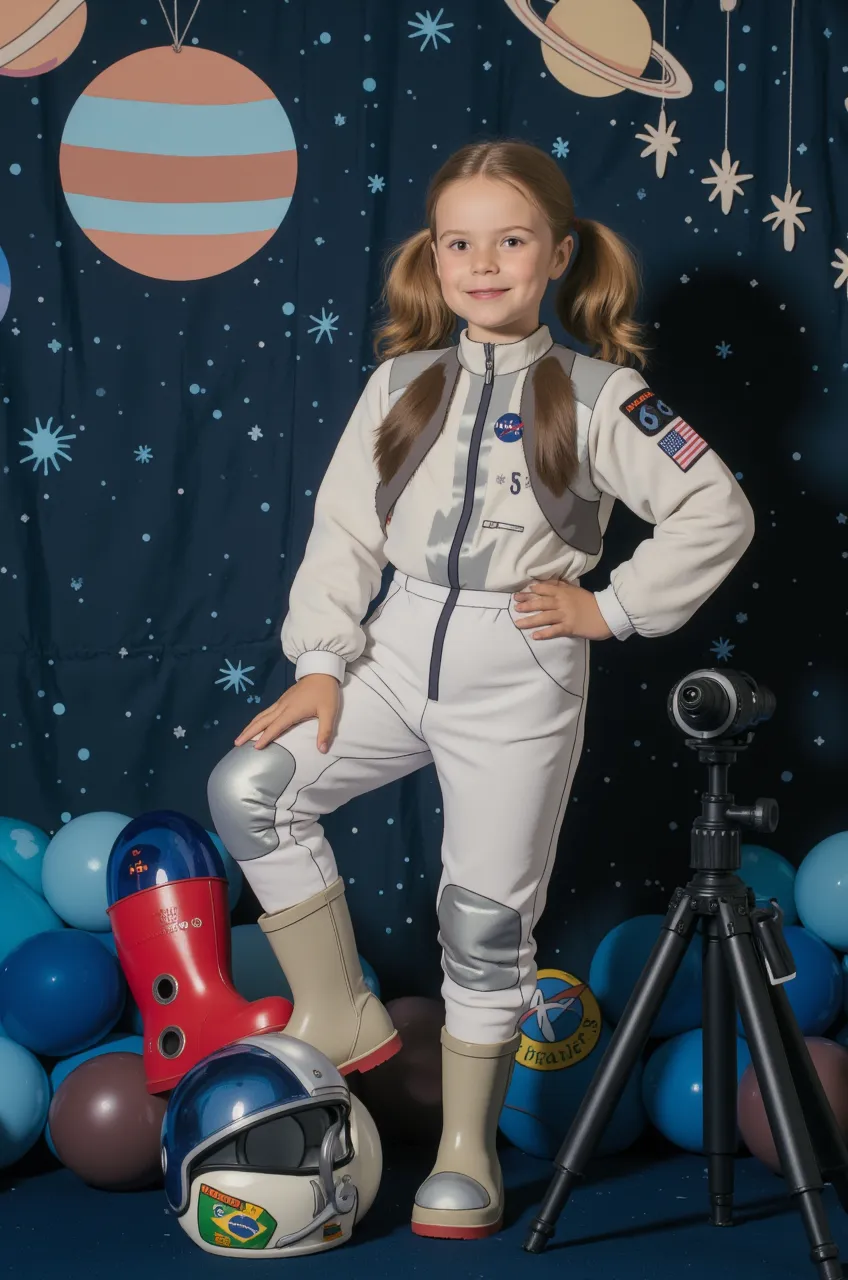 Girl in a spacesuit with a Russian flag, sits and looks into the eluminator