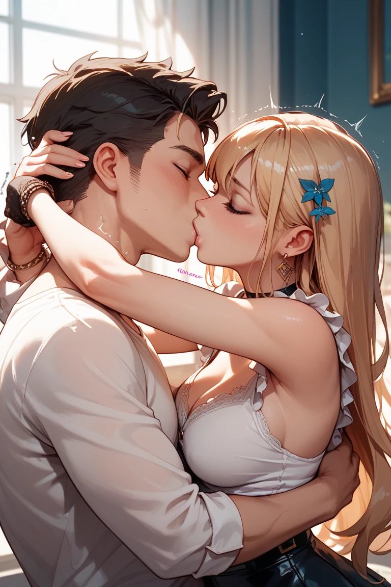 score_9, score_8_up, score_7_up, score_6_up, source_anime, masterpiece, best quality, very aesthetic, uncensored, 1girl and 1boy, (kiss on the lips:1.3), cute face, lace camisole, round breasts, small breasts, breast grab, long hair, brown hair, slim thighs, beautiful feet, living room, window, window blinds
