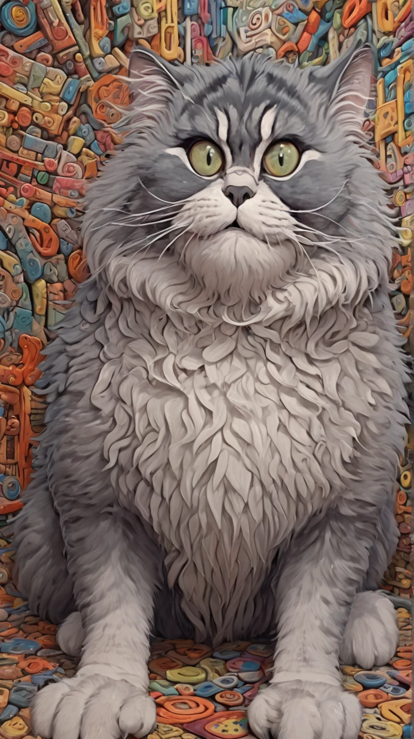 In individual Comic-Style: All in extreme 3D, in full body, all in extreme spirals, all in extreme fractals. The original Hippie Persian cat with beautiful big great eyes and a beautiful hippy comic face, in complete full body. Expressionist abstract masterpiece by Dali depicting a jumble of a Comic Persian cat bodies in a new and completely original way, perfect composition, highly detailed, overloaded, very emotional yet funny, textured, layered, 8k, eyes, paws. Action painting, dramatic yet confident, in Picasso's and Peter Gric's art in a mix, all in 3D, all in hyper-rendering, all in 1× zoom out in 3D in 3K, masterpiece, ray tracing, illustration, Ghibli-style colors, pixel richness, pop art, Unreal Engine,