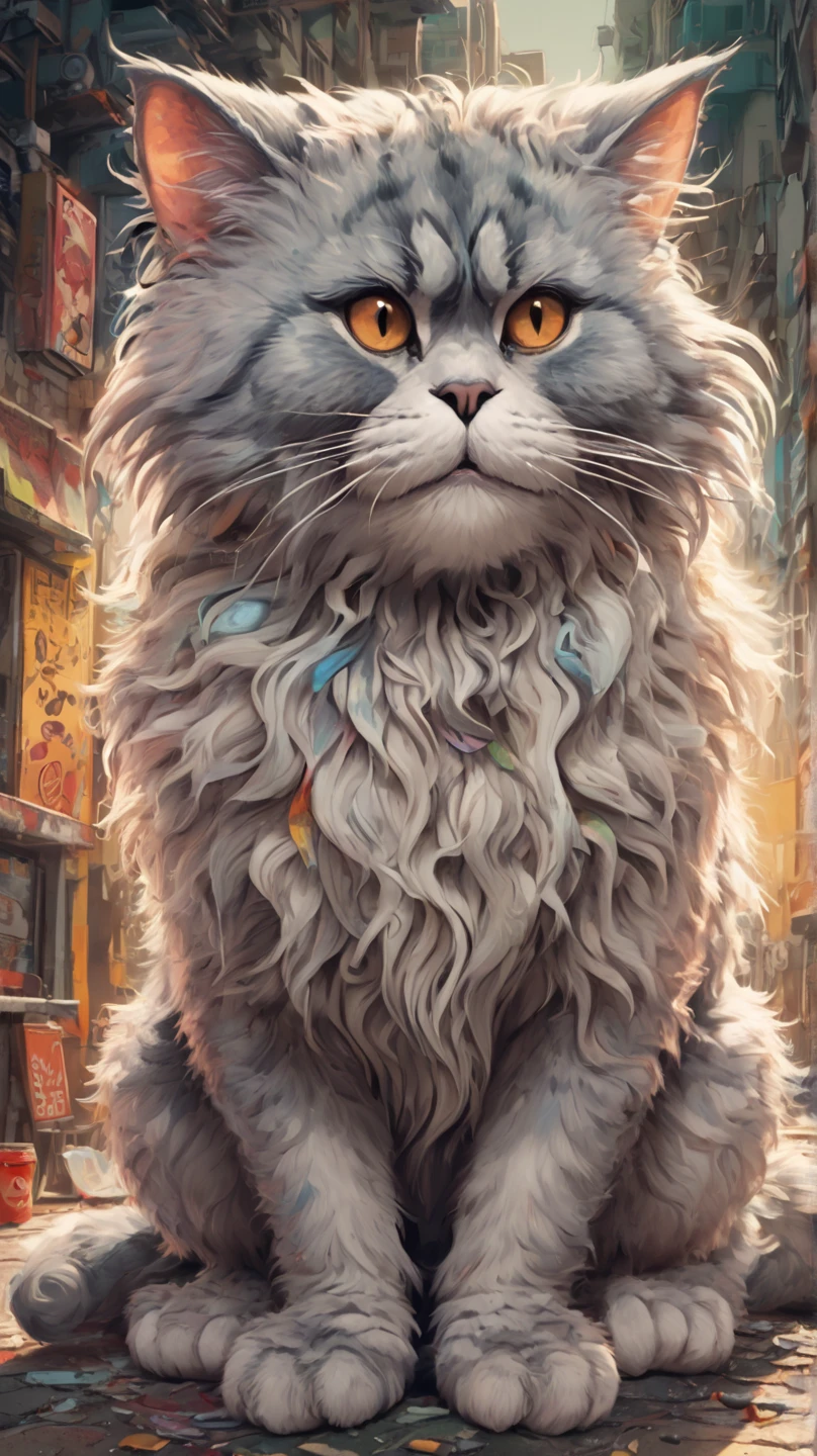 In individual Comic-Style: All in extreme 3D, in full body, all in extreme spirals, all in extreme fractals. The original Hippie Persian cat with beautiful big great eyes and a beautiful hippy comic face, in complete full body. Expressionist abstract masterpiece by Dali depicting a jumble of a Comic Persian cat bodies in a new and completely original way, perfect composition, highly detailed, overloaded, very emotional yet funny, textured, layered, 8k, eyes, paws. Action painting, dramatic yet confident, in Picasso's and Peter Gric's art in a mix, all in 3D, all in hyper-rendering, all in 1× zoom out in 3D in 3K, masterpiece, ray tracing, illustration, Ghibli-style colors, pixel richness, pop art, Unreal Engine,