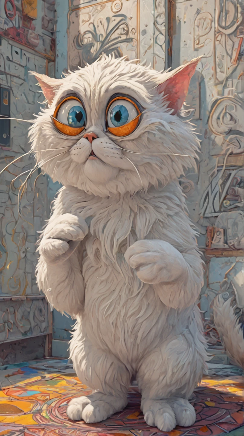 In individual Comic-Style: All in extreme 3D, in full body, all in extreme spirals, all in extreme fractals. The original Hippie Persian cat with beautiful big great eyes and a beautiful hippy comic face, in complete full body. Expressionist abstract masterpiece by Dali depicting a jumble of a Comic Persian cat bodies in a new and completely original way, perfect composition, highly detailed, overloaded, very emotional yet funny, textured, layered, 8k, eyes, paws. Action painting, dramatic yet confident, in Picasso's and Peter Gric's art in a mix, all in 3D, all in hyper-rendering, all in 1× zoom out in 3D in 3K, masterpiece, ray tracing, illustration, Ghibli-style colors, pixel richness, pop art, Unreal Engine,