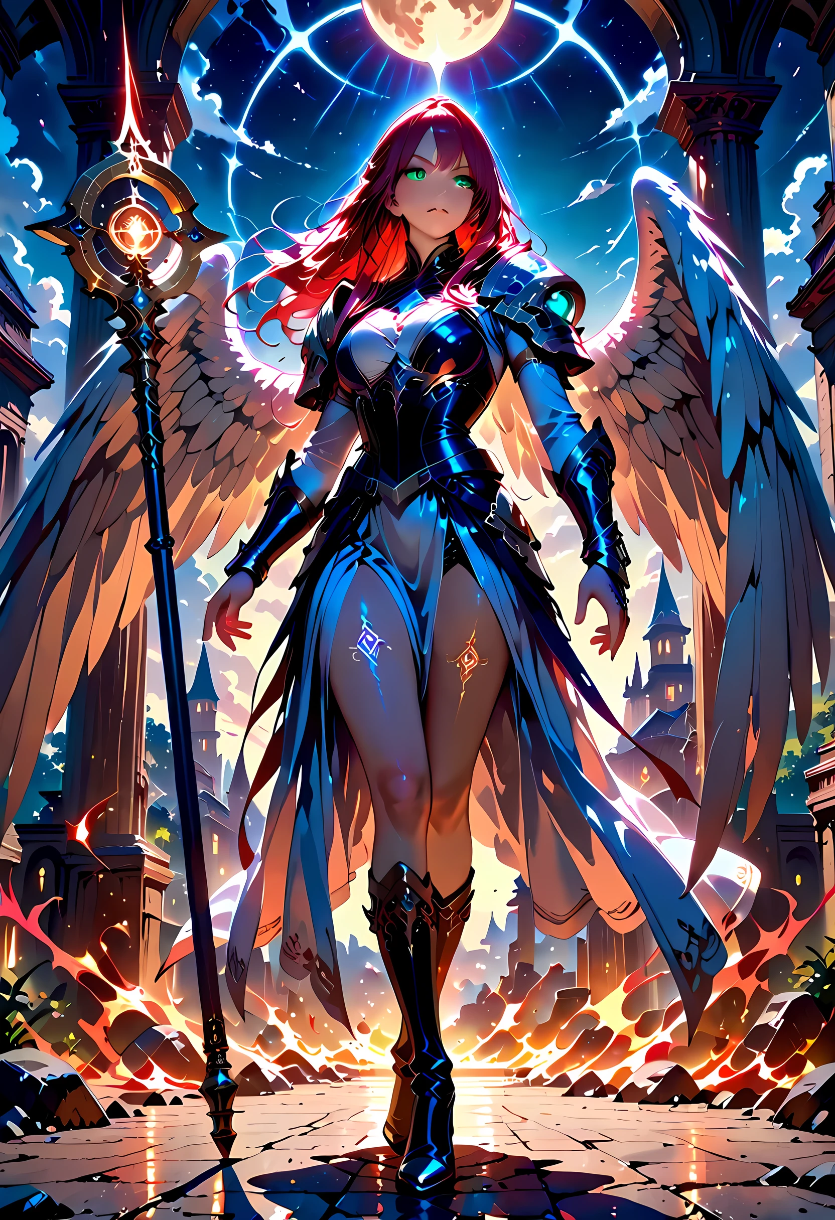 female, sorceress, casting flaming spell, full body, aasimar, female, white large feathered wings, red hair, green eyes, determined face, divine light, intense eyes, ultra feminine, ultra detailed face, (Masterpieceת intense details:1.5), wearing azure armor, high heeled boots, armed with staff, moon, stars, clouds, fantasy magical heaven background, cinematic lighting, soft light, silhouette, photorealism, 16k, highres, best quality, 2.5D rendering, fantasy
