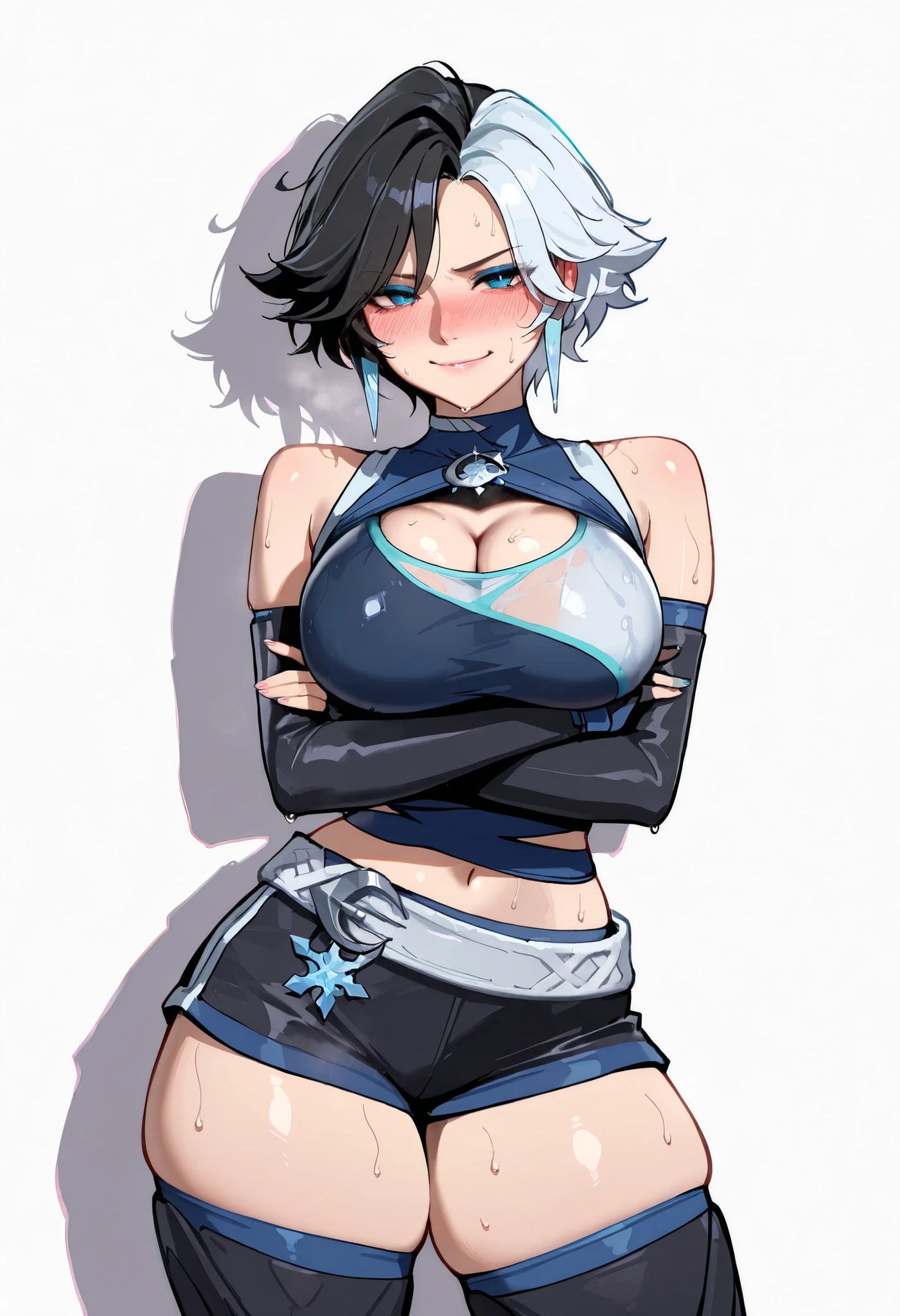 masterpiece, best quality,absurdres, ultra-detailed, high resolution,
luna_snow, 1girl, gloves, fingerless gloves, shorts, solo,, thighhighs,, elbow gloves, belt, blue shirt, smile, single fingerless glove,, multicolored hair,, cleavage, large breasts, nose blush, sweat, sweaty, sweaty:1.3, white background, simple background, ,, nose blush , standing , posing , large breasts , thick thigh , thick thighs , sweat , sweaty , sweaty:1 . 3 , with an extremely narrow waist , , completely flat white and empty background , bubbling breasts, her arms crossed, looking annoyed and blushing slightly, wearing a tight black long-sleeve crop top and short black gym shorts with white trim, large chest pressing against the fabric, sweaty and shiny skin, dramatic lighting with a window-shaped light on the wall, soft shadows, highly detailed anime illustration, ultra-realistic textures, 4K, COWBOY SHOT, nose blush