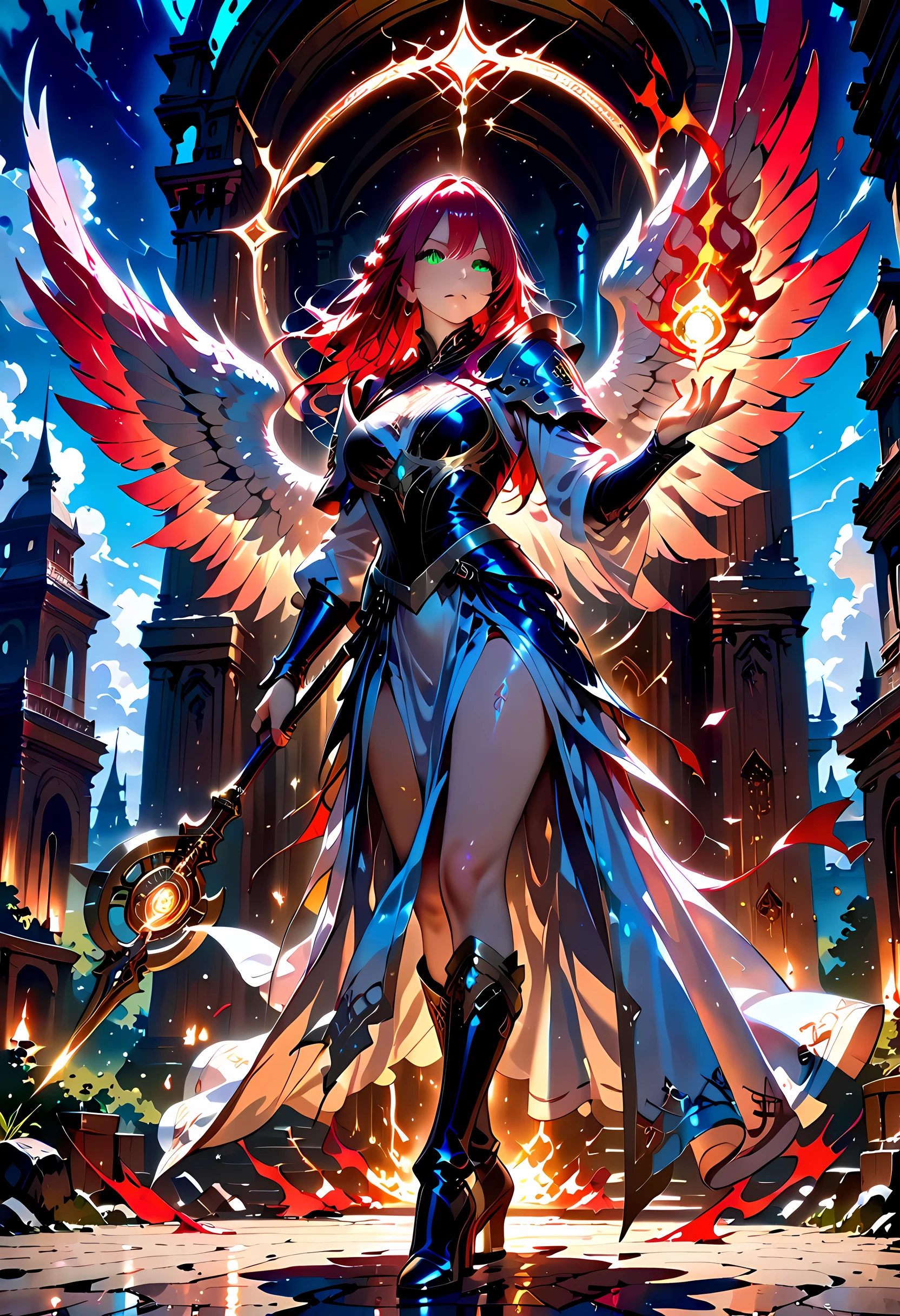 female, sorceress, casting flaming spell, full body, aasimar, female, white large feathered wings, red hair, green eyes, determined face, divine light,  intense eyes, ultra feminine, ultra detailed face, (Masterpieceת intense details:1.5),   wearing azure armor, high heeled boots, armed with staff,  moon, stars, clouds, fantasy magical heaven background, cinematic lighting, soft light, silhouette, photorealism, 16k, highres, best quality, 2.5D rendering, fantasy