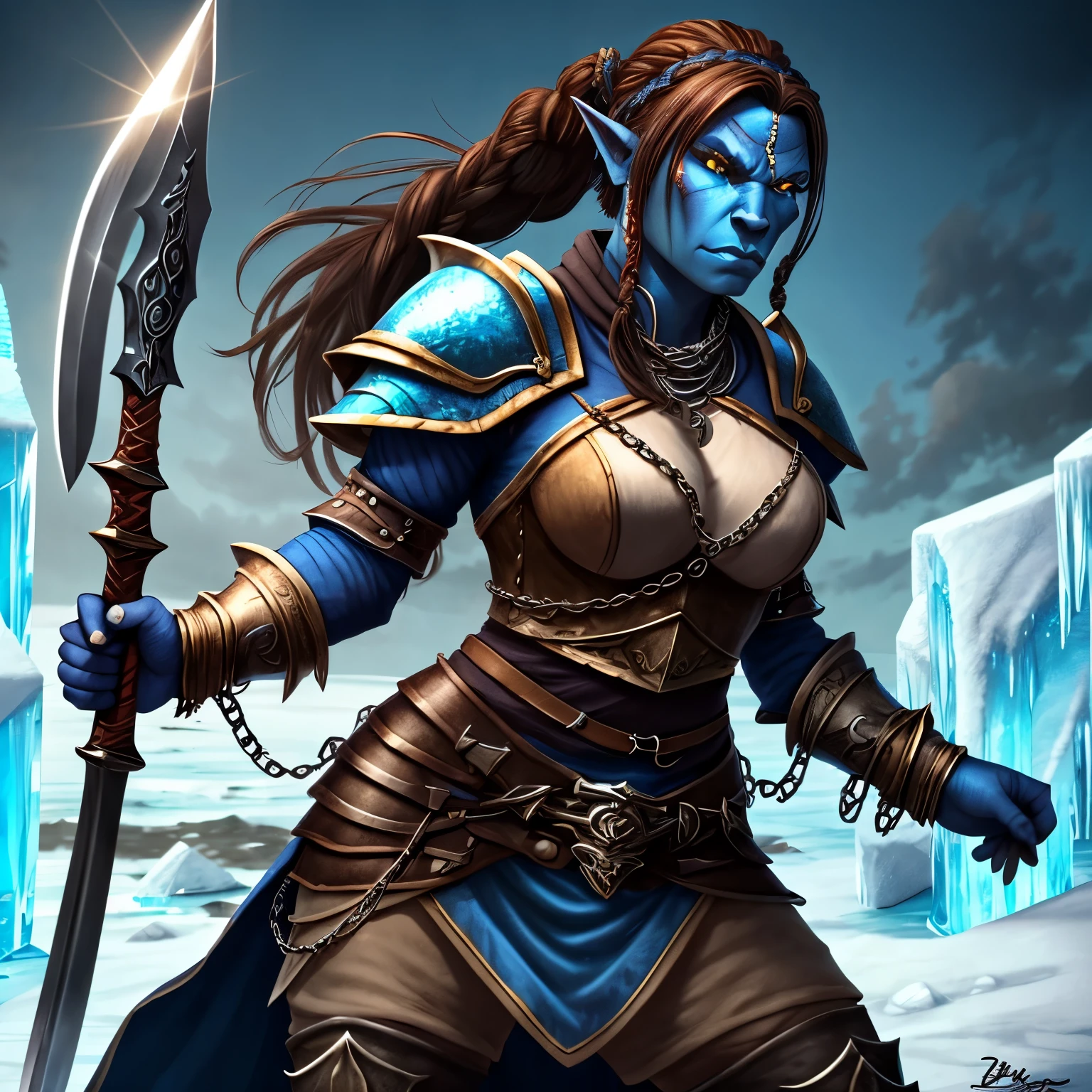 hstone-eva, solo, alone, close up, portrait, fox, creature, glowing blue hair, green eyes, castle in the background, looking at viewer, (realistic:1.2), (beautiful:1.2), (shiny skin:1.1), (soft lighting:1.1), (bodycon:1.2), (large breasts:1.3), (cleavage:1.2), (backlighting:1.1), (bloom:1.1), (light sparkles:0.9), (chromatic aberration:1.1), (sharp focus:1.1), (fantasy warrior:1.3), (perspective:1.1), (from below:1.1), (metal armor:1.2), (pauldrons:1.1), (bracers:1.1), (in the style of Dungeons & Dragons and Lord of the Rings:1.3), (powerful:1.2) <lora:hearthrock-000050:0.4>