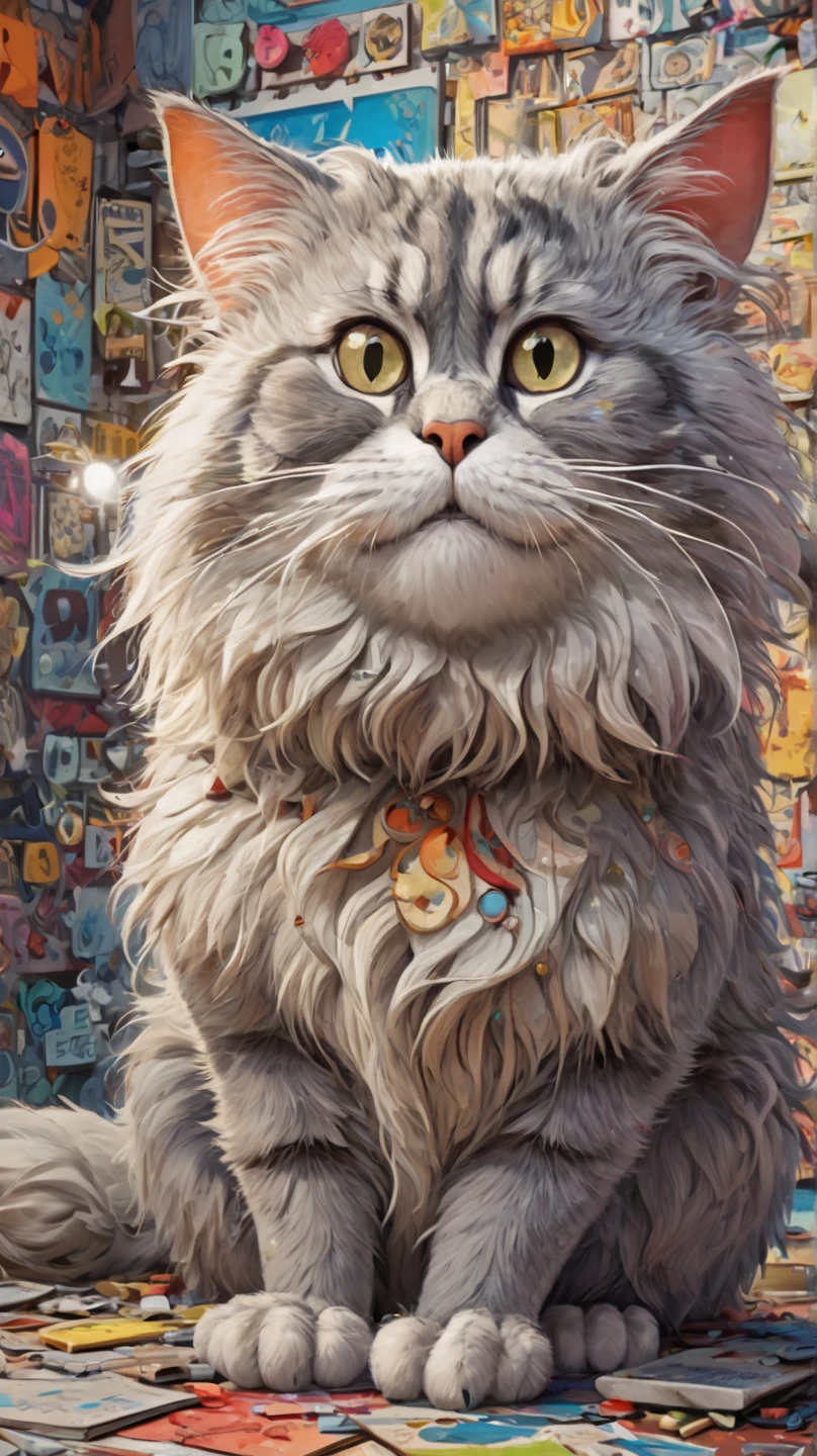 In individual Comic-Style: All in extreme 3D, in full body, all in extreme spirals, all in extreme fractals. The original Hippie Persian cat with beautiful big great eyes and a beautiful hippy comic face, in complete full body. Expressionist abstract masterpiece by Dali depicting a jumble of a Comic Persian cat bodies in a new and completely original way, perfect composition, highly detailed, overloaded, very emotional yet funny, textured, layered, 8k, eyes, paws. Action painting, dramatic yet confident, in Picasso's and Peter Gric's art in a mix, all in 3D, all in hyper-rendering, all in 1× zoom out in 3D in 3K, masterpiece, ray tracing, illustration, Ghibli-style colors, pixel richness, ultra best pop art, Unreal Engine, ultra funny,