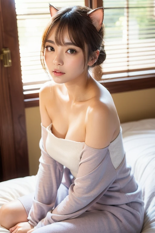 best quality,Face Focus,Soft Light,Ultra-high resolution,(realism:1.4),original photo,1 Japanese girl,Solitary,Lovely,There is light in the eyes,Every detail is beautiful,High-resolution details of human skin texture,(Double_buns:1.5),indoor,on the bed,Luxury hotel bedroom,pajamas,portrait,Awkward,blush,Smile,Upper Body