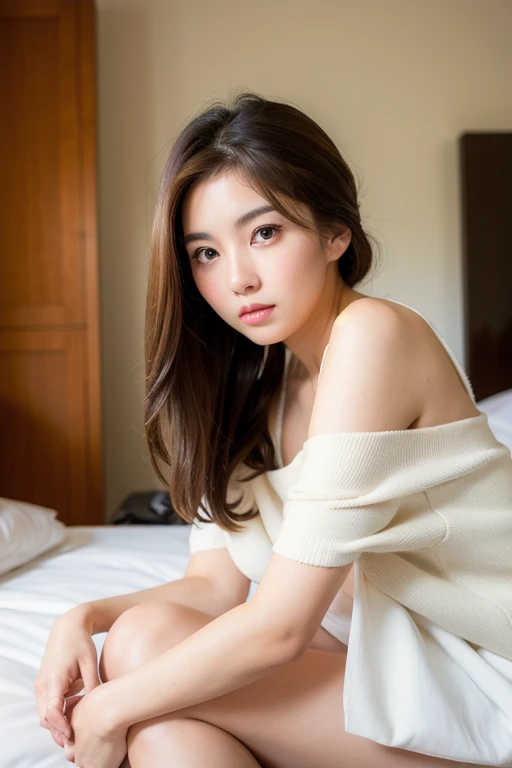 realistic image of asian beautiful girl, wearing casual outfit, sitting in her room, lying on bed, realistic photography, perfect figure, photorealistic, long brown hairs, photorealistic, skin tone