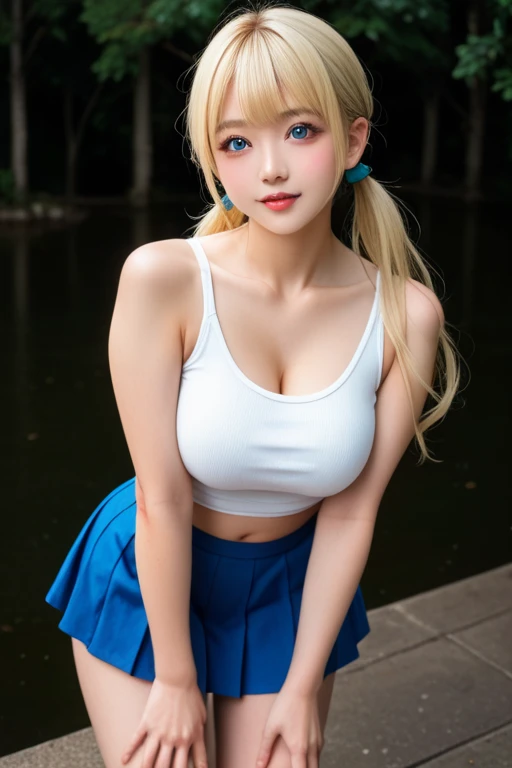1girl, Blue eyes, (smiling), (Sana Minatozaki), wide hips, Big Boobs, big ass, (Best Quality, 8k, Masterpiece: 1.3), perfect hands, Clear Focus: 1.2, Perfect Body Beauty: 1.4 , Slender Abs: 1.2, Highly detailed face and skin texture, detailed eyes, double eyelids, (blonde long hair), (cleavage tanktop), (yellow pleated skirt :1.1), sitting on a bench, (open legs showing panties :1.2), in a park with flowers
