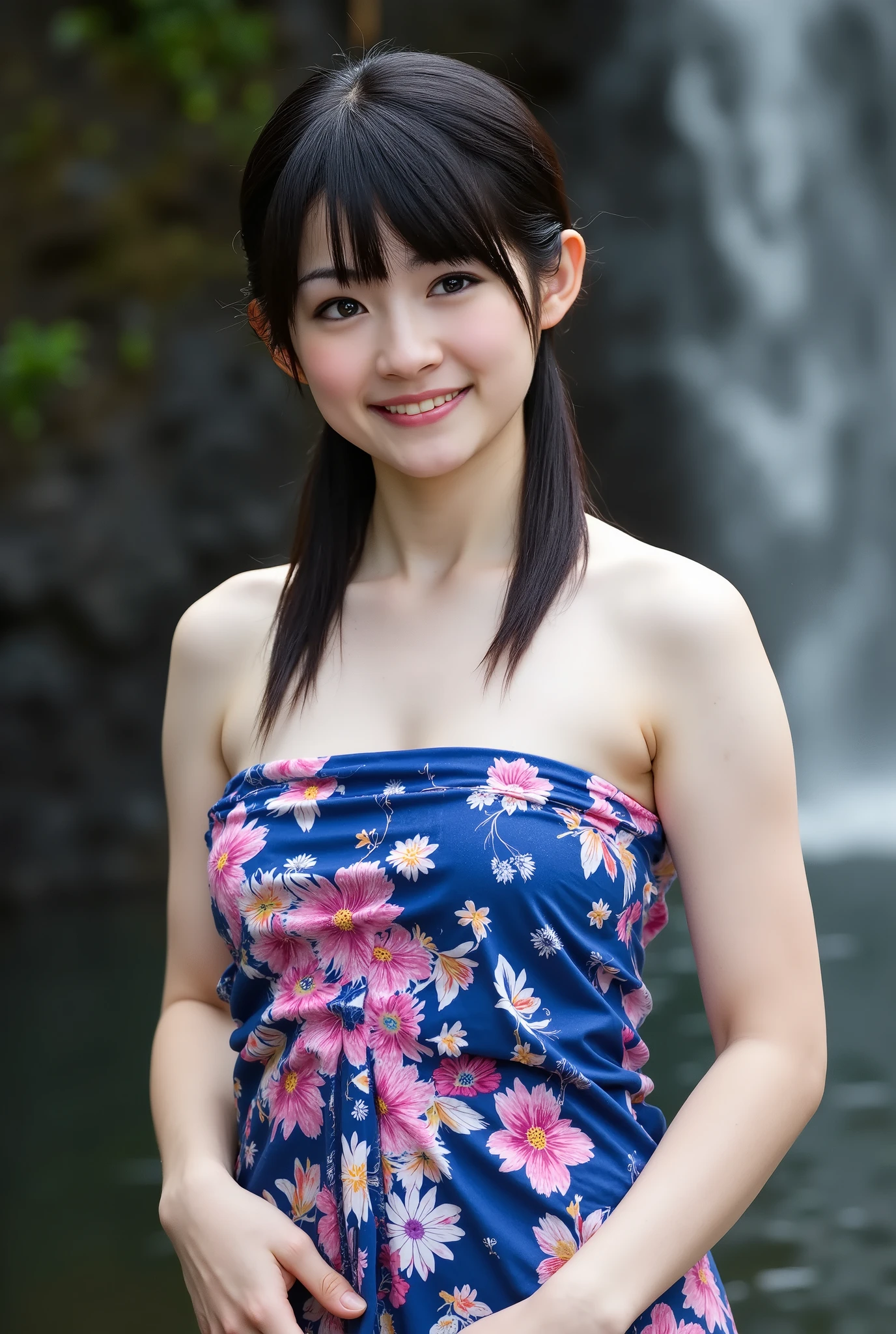 Realistic photo Of A Japanese girl, dynamic pose, visible to the feet , using blue pink wet batik sarong, face facing the camera. Elegant elegant style elegant aesthetic . Good Detail . soft smile. Taking a wet shower- wet brushed, body and wetsuit are all waterlogged, against the background of the village waterfall, heavy rain , in a realistic and seductive style. HD 8K cinematic .