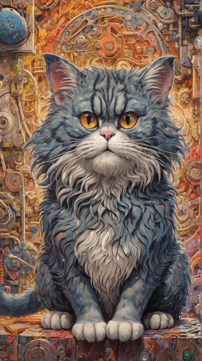 In individual Comic-Style: All in extreme 3D, in full body, all in extreme spirals, all in extreme fractals. The original Hippie Persian cat with beautiful big great eyes and a beautiful hippy comic face, in complete full body. Expressionist abstract masterpiece by Dali depicting a jumble of a Comic Persian cat bodies in a new and completely original way, perfect composition, highly detailed, overloaded, very emotional yet funny, textured, layered, 8k, eyes, paws. Action painting, dramatic yet confident, in Picasso's and Peter Gric's art in a mix, all in 3D, all in hyper-rendering, all in 1× zoom out in 3D in 3K, masterpiece, ray tracing, illustration, Ghibli-style colors, pixel richness, ultra best pop art, Unreal Engine, ultra funny,
