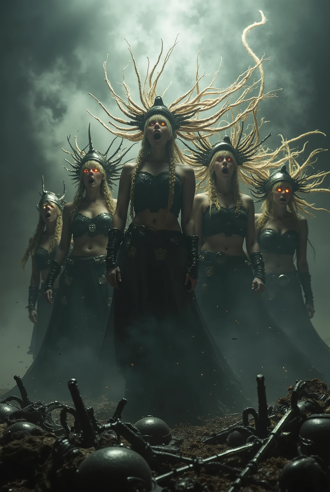 A powerful anime scene — a group of sexy women: fierce Valkyries standing on a battlefield, surrounded by smoke and mist, their mouths open in a collective scream, long braided hair flying, winged helmets, glowing eyes filled with rage, broken weapons and fallen warriors around them. Dramatic lighting, dark fantasy style, ultra-detailed atmosphere.