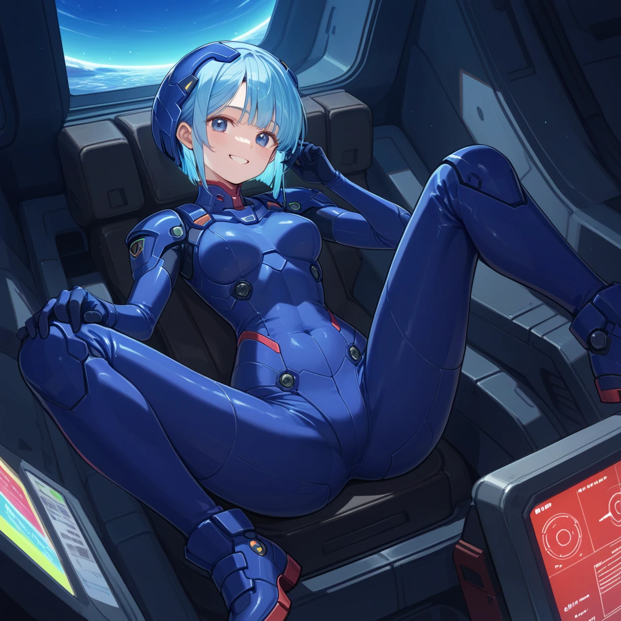 ((masterpiece)), ((best quality)), (ultra-detailed), ((kawaii)), cute, (lovely), ((sexy)), (ero), ((extremely detailed)), 4K, (8K), best quality, (beautiful), in the middle, bedroom, a pretty woman, robot suit, robot, beautiful blue hair, beautiful blue eyes, ((beautiful eyes)), white-skinned, medium hair, forehead,gigantic breast, orgasm,smile,parted lips,saliva,sweat,topless,show off nipple,(breast milk),bottomless,(touch pussy),pussy juice,masturbation,lying on back,m legs,nsfw