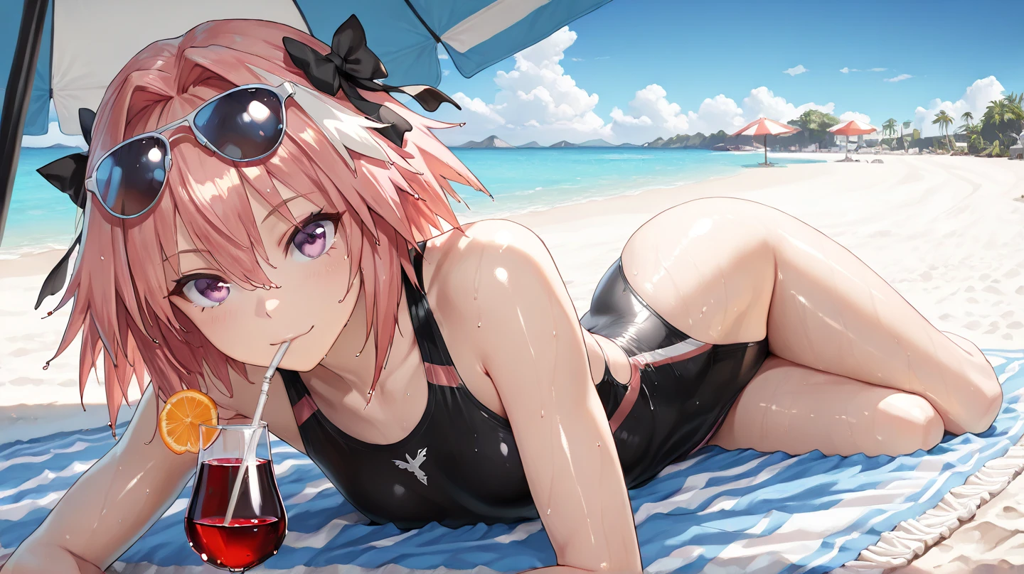 cute、、blue eyes、bikini、White panties、Crouched posture、Beach、Leaning forward、Sleeping、Lying on your back,Short Hair、Pink Hair