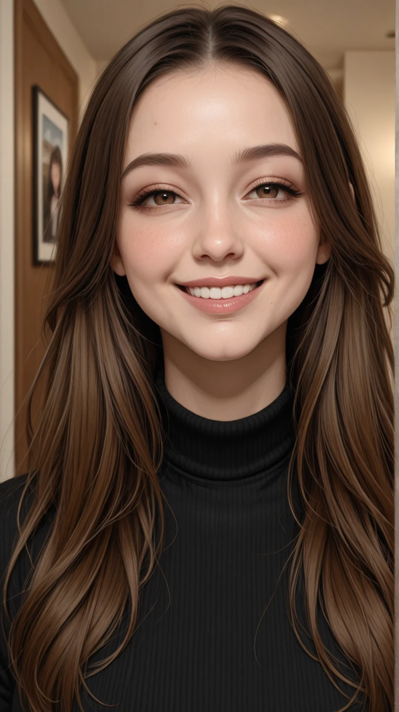 upper body photo of <lora:ViktoriaTishko_v1-000013:.9> ViktoriaTishko, focus on smiling face, wearing a turtleneck , her hair is styled as Curly Hollywood Waves,