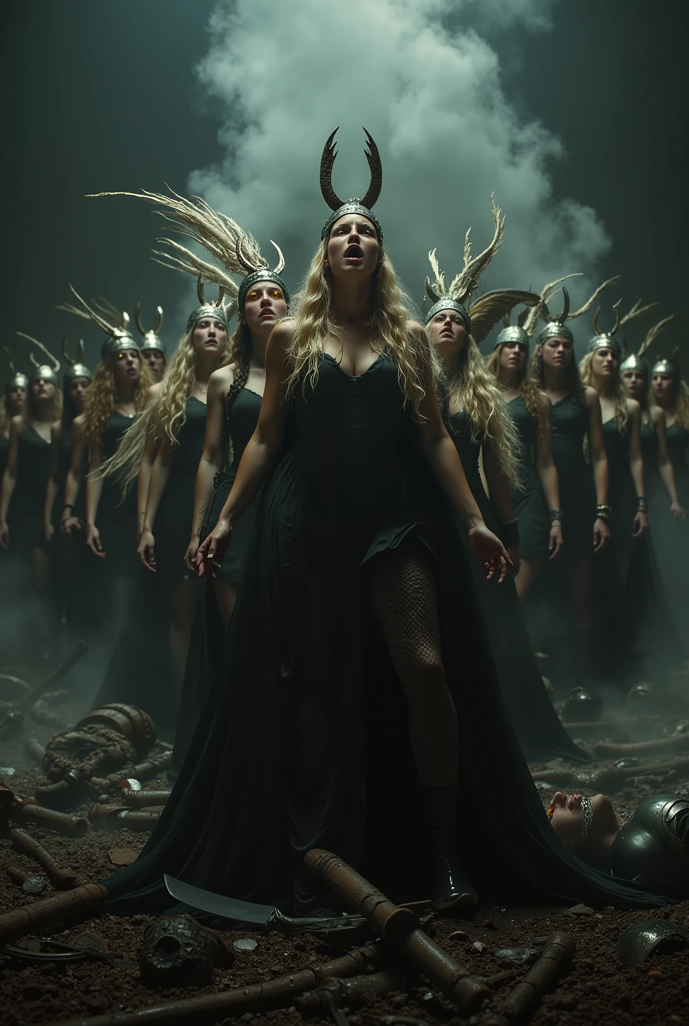 A powerful anime scene — a group of sexy women: fierce Valkyries standing on a battlefield, surrounded by smoke and mist, their mouths open in a collective scream, long braided hair flying, winged helmets, glowing eyes filled with rage, broken weapons and fallen warriors around them. Dramatic lighting, dark fantasy style, ultra-detailed atmosphere.